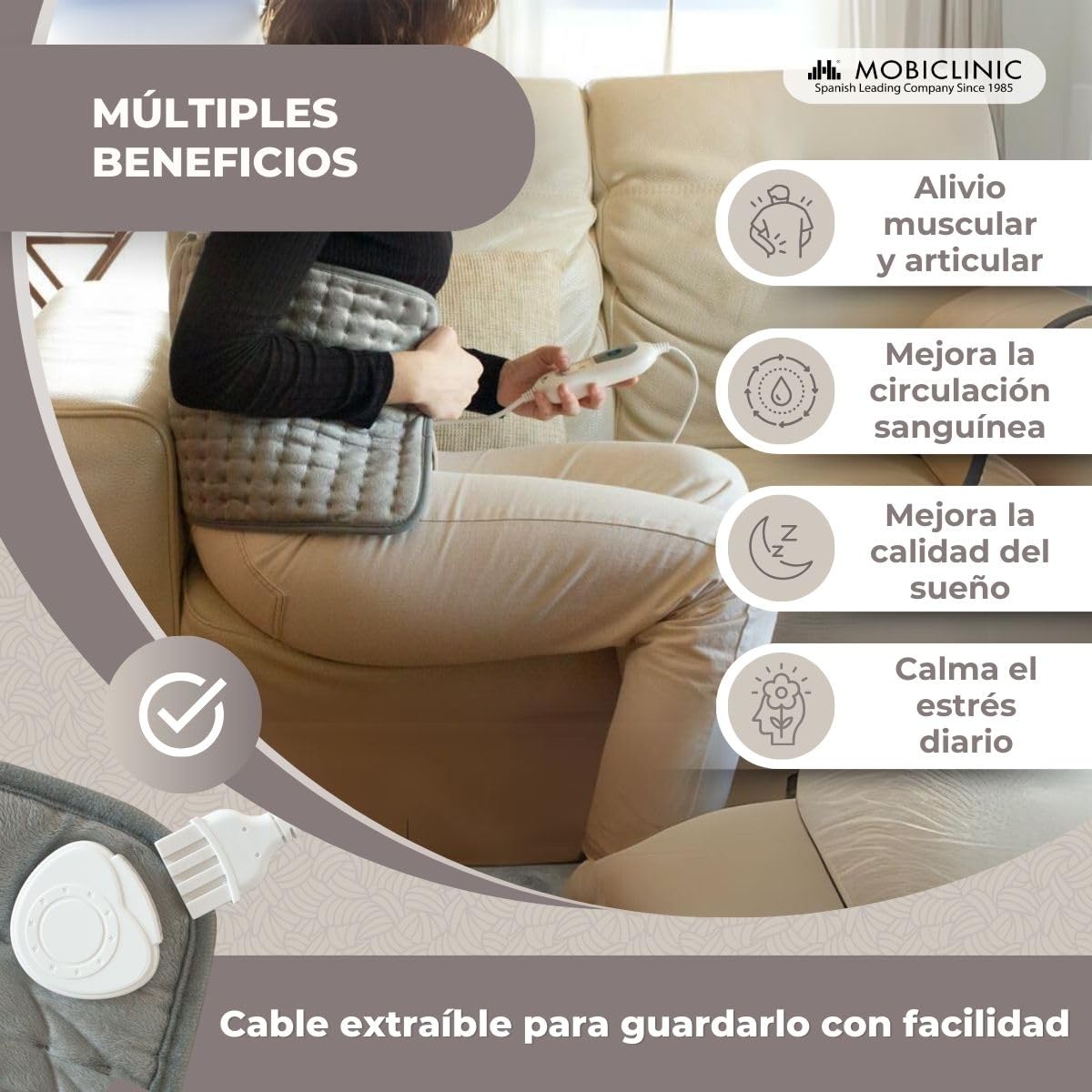 Mobiclinic, Almohadilla eléctrica, Térmica, Manta, 3 niveles de calor, Bajo consumo, Apagado automático, Potencia 100w, Esterilla, Marca española, Para espalda, Lumbares, 40x30 cm