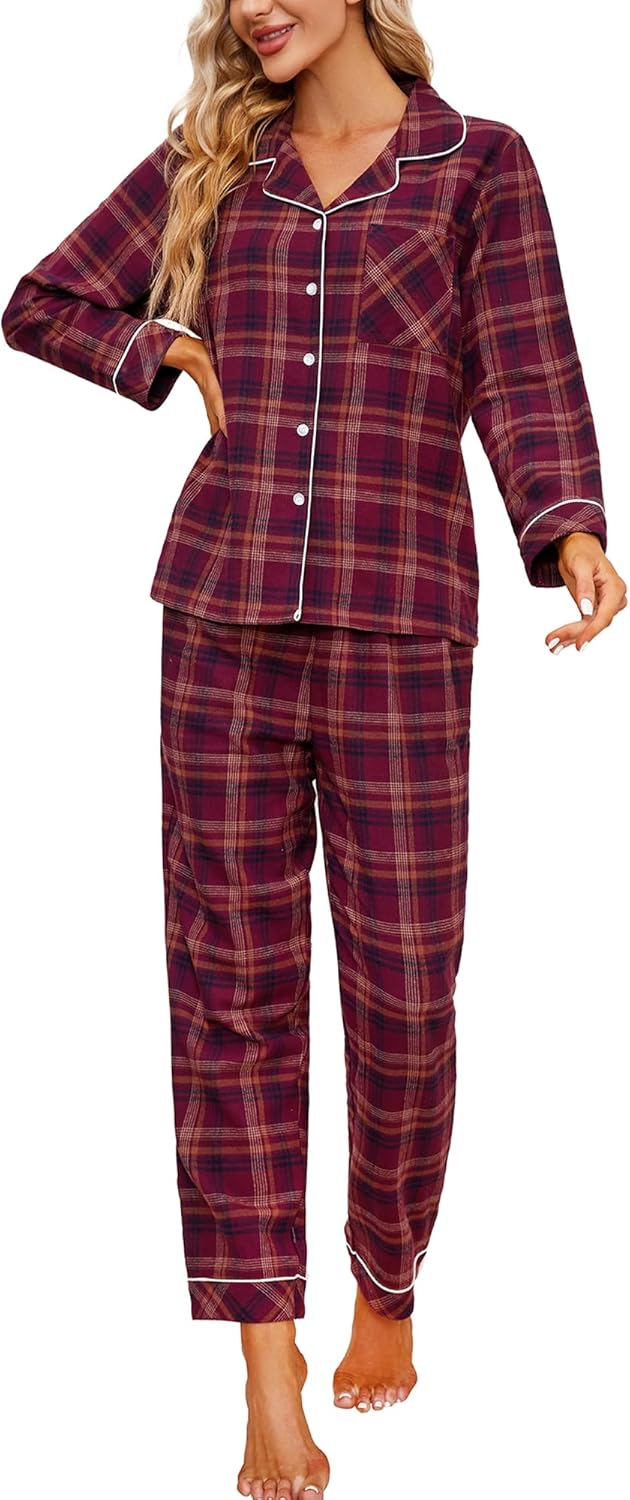 HEARTNICE Cotton Pajama Set for Women Soft Plaid Long Sleeve Flannel Pajamas Set Button Down Woven 2 Piece Lounge Set
