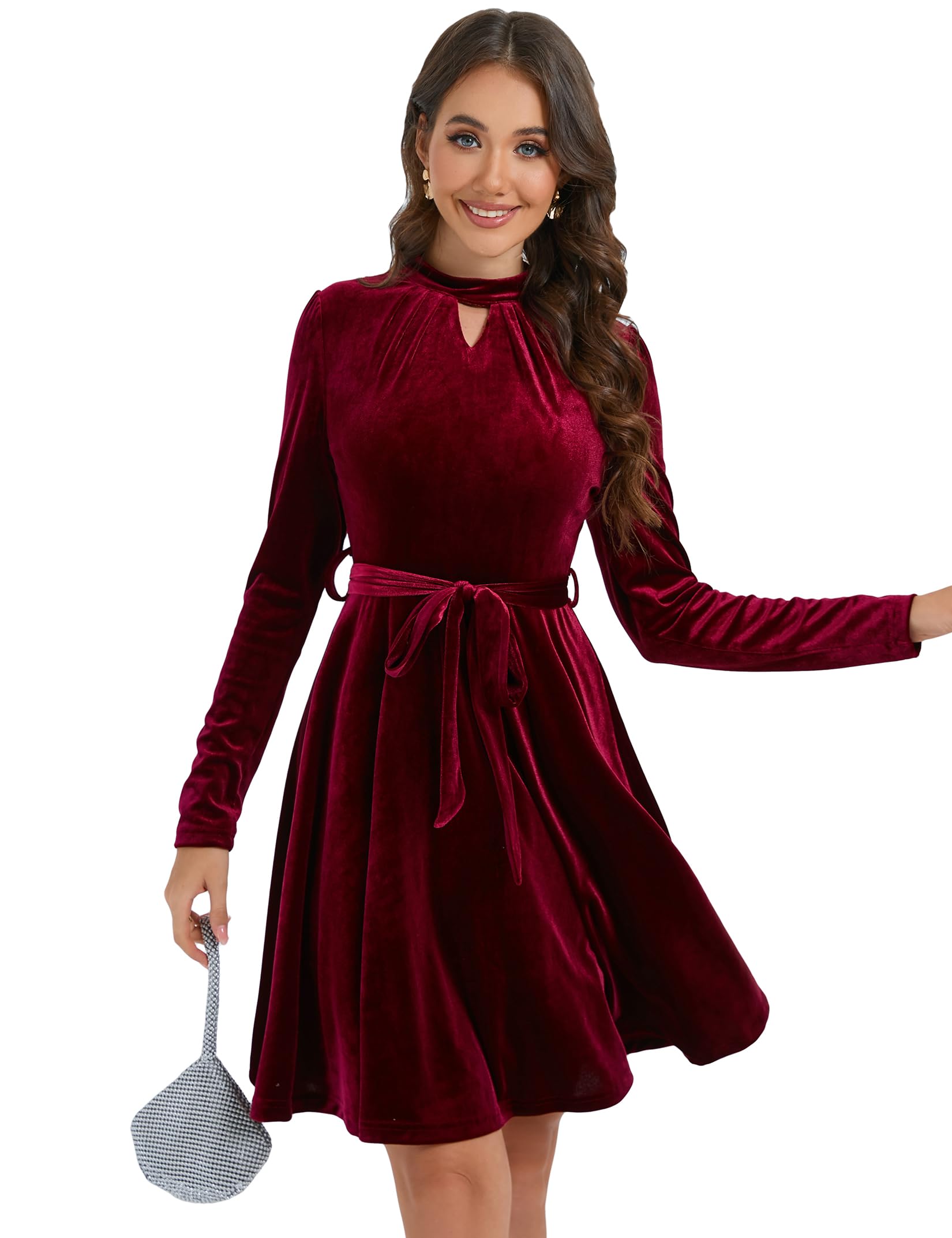 KOJOOIN Samtkleid Damen Kurz Elegant Satin Cocktailkleid Langarm Rockabilly A-Linien Festlich Kleid mit Gürtel（Verpackung MEHRWEG）
