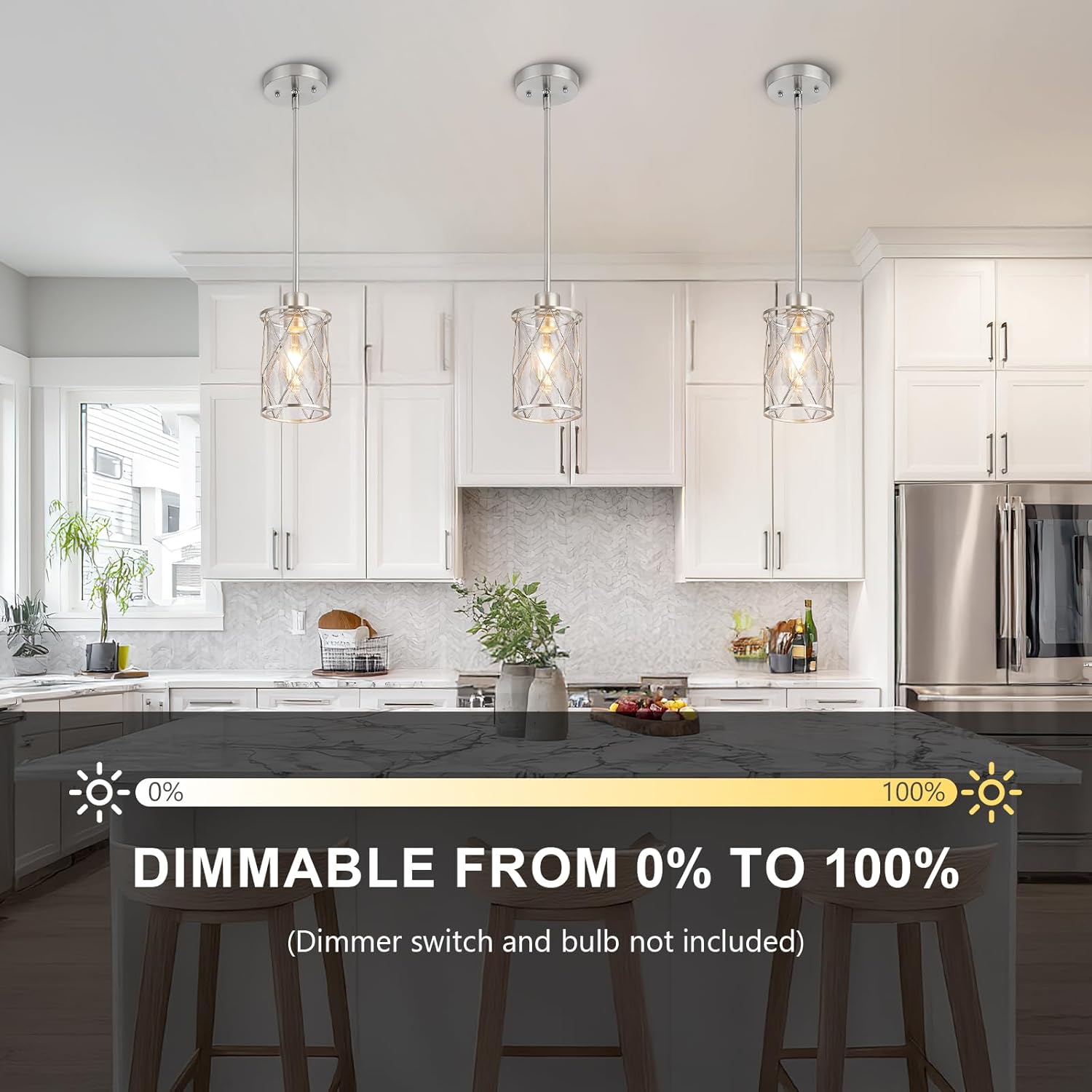 Refice Glass Pendant Lights Kitchen Island, Brushed Nickel Kitchen Hanging Light with Clear Glass, Farmhouse Cage Mini Pendant Lighting for Sink Dining Room Bedroom Bar, 2 Pack