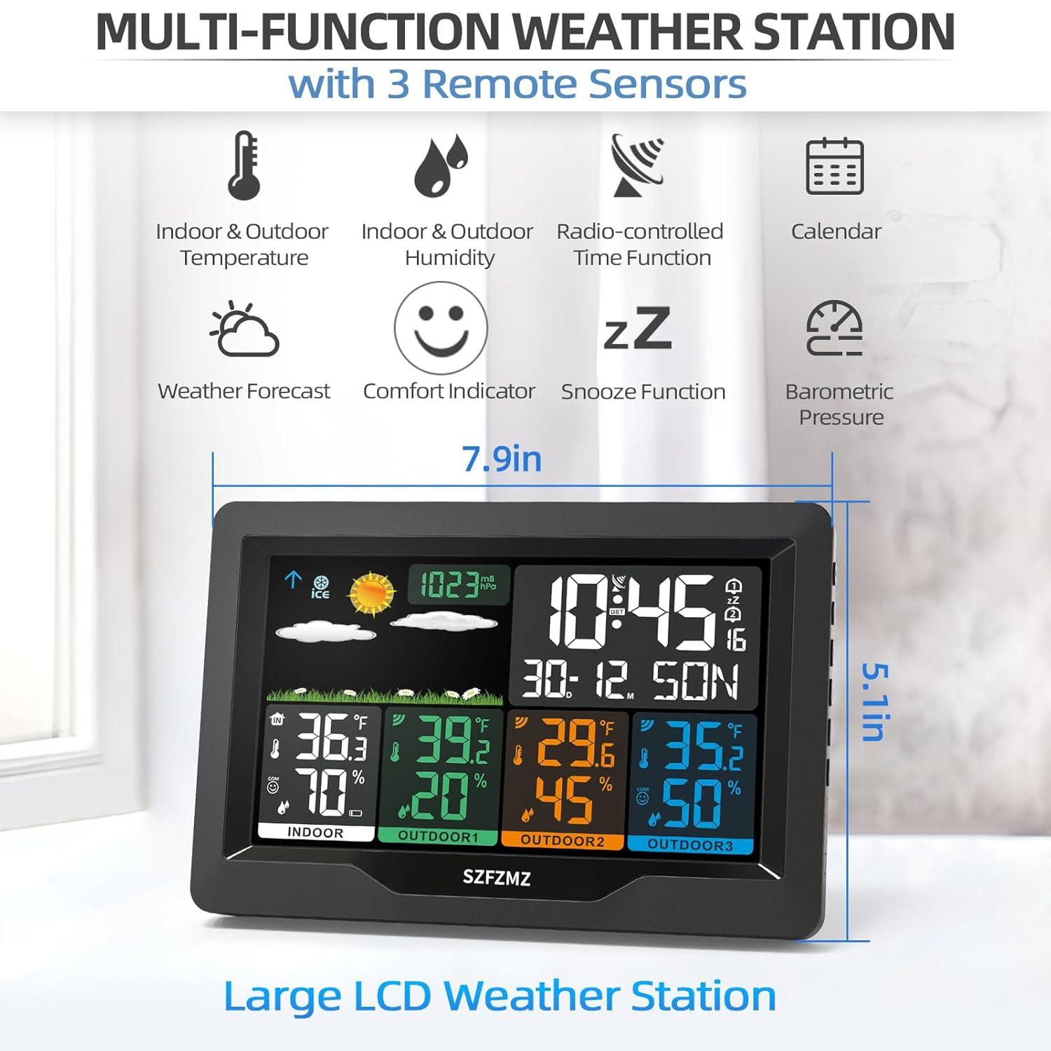 Weather Stations Wireless Indoor Outdoor with Multiple Sensors, 7.5" Color Display Weather Station Indoor Outdoor Thermometer Wireless Weather Forecast Station, Digital Atomic Clock with Backlight