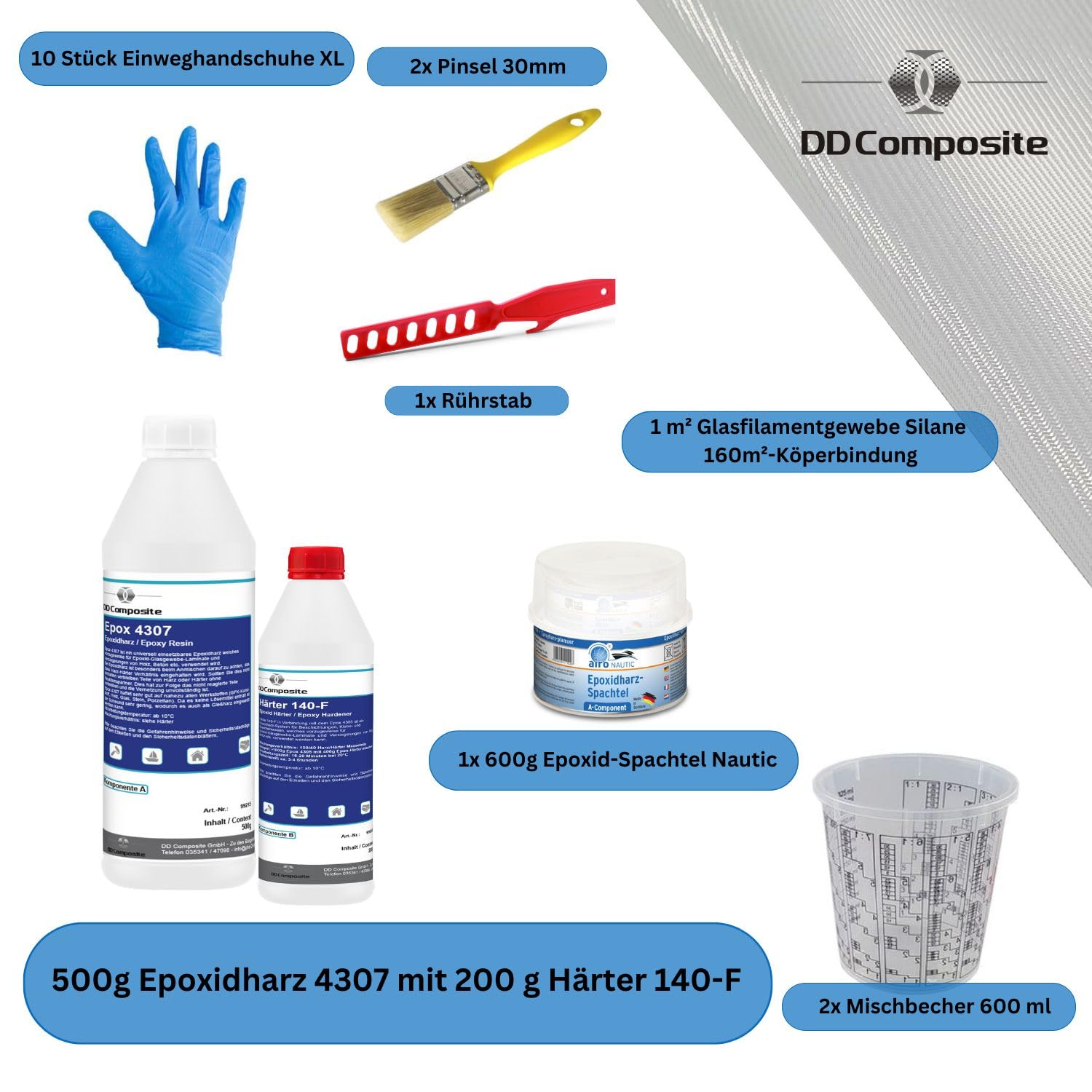 DD Composite Reparatur-Set Auto, Boot und Motorrad 700g Epoxidharz mit Härter, 600g Spachtelmasse, Glasfilamentgewebe, Handschuhe, Pinsel, Rührstab, Mischbecher