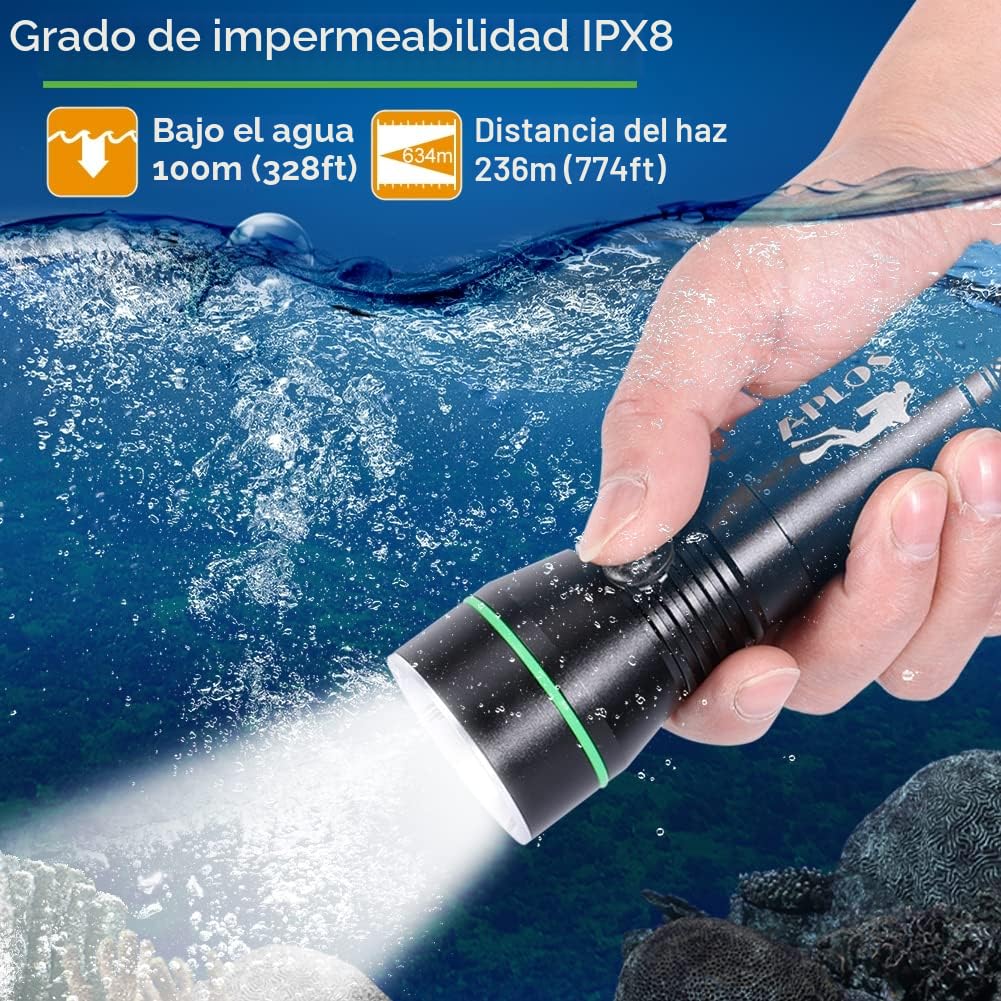 APLOS AP30 3000lm linterna de buceo con indicador de potencia, IPX8 impermeable profesional recargable luz de buceo
