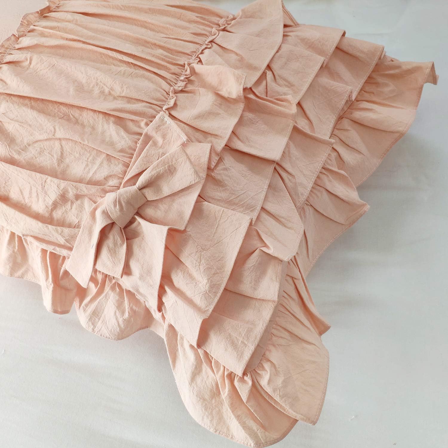 Softta 2Pcs 20x36 Pillowcase Ruched Bow Ruffles Pillow Shams Decorative Shabby Chic Pillow Covers Bowknot Peach Pink 100% Washed Cotton King/Cal King (NO Comforter NO Filling)