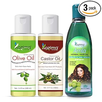 KAZIMA Combo of Olive Oil, Castor Oil and Amla Herbal Hair Oil for Hair, Skin and Body, 100 ml each