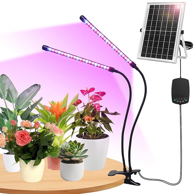 Solar Grow Lights with Batteries, 2 Heads Clip Plant Growing Lamp