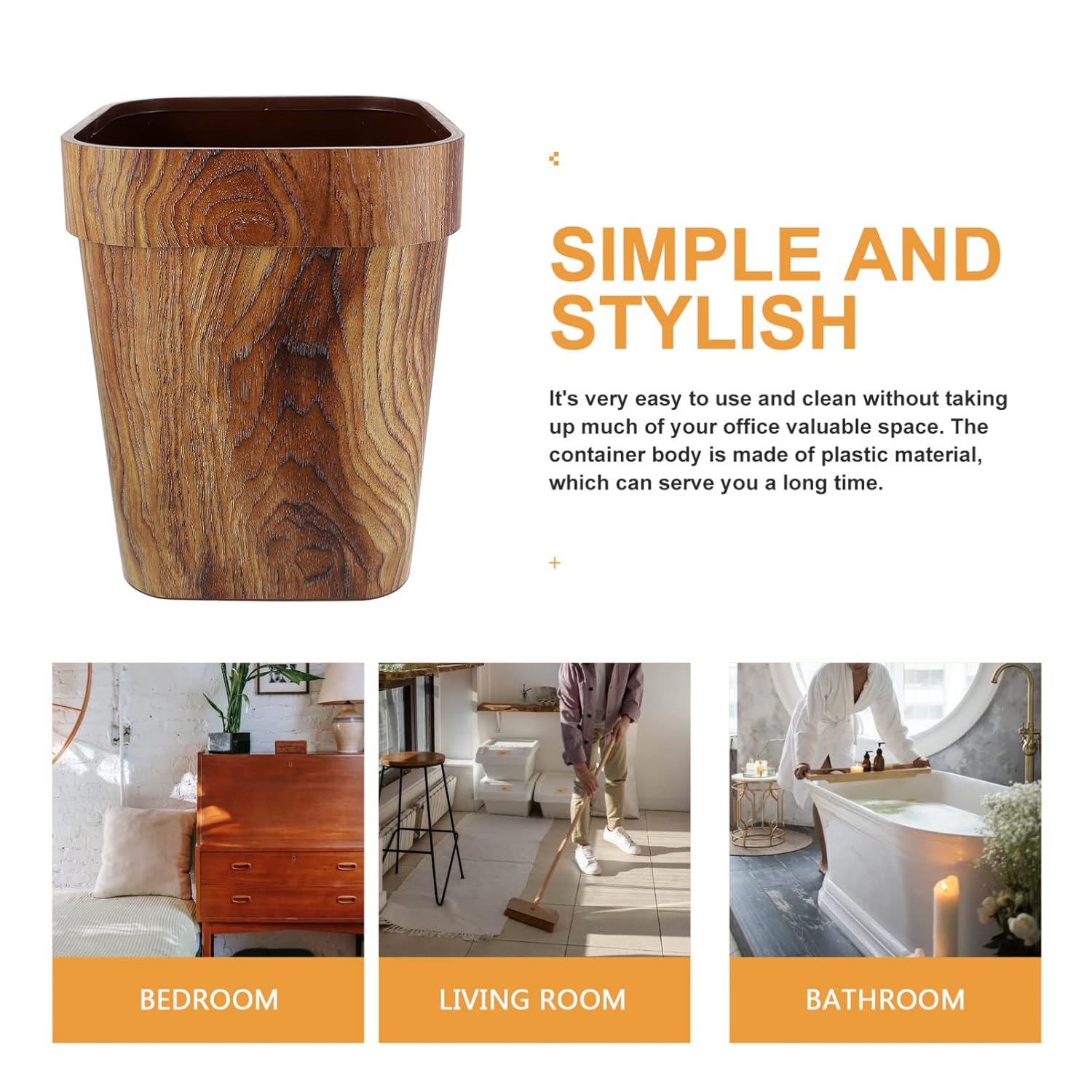 Zerodeko Wood Grain Trash can Lidless Square Plastic Wastebasket 12X9.5 Inch Compact Garbage Bin for Bathroom Kitchen Office