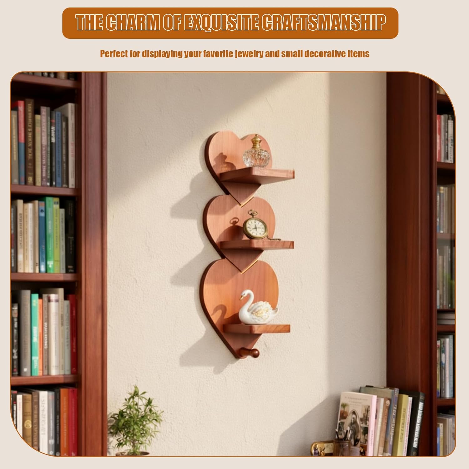 3 Tier Vintage Heart Wood Wall Shelf, Charming Trinket Shelves Wall Hanging Decorative, Rustic Wooden Shelves Display for Knick-Knacks