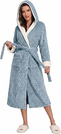 Ekouaer Women's Plush Robe Long Soft Jacquard Fluffy Hooded Bathrobe