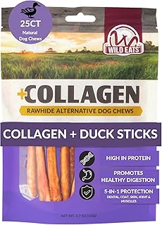 Wild Eats Real Duck Collagen Sticks for Dogs (25 Pack,5 Inch) Long Lasting Dog Chews No Hide Dog Treat Bully Stick Rawhide Free,Grain Free,High Protein