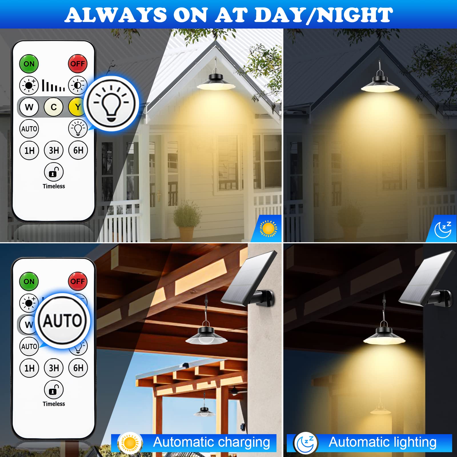 AGOTD Lampada Solare da Esterno, Lampada a Sospensione Solare con Telecomando, 3 Colore, Cavo 5M, 6Luminosità, IP65 Impermeabile, Illuminazione per Giardino Balcone Vialetto