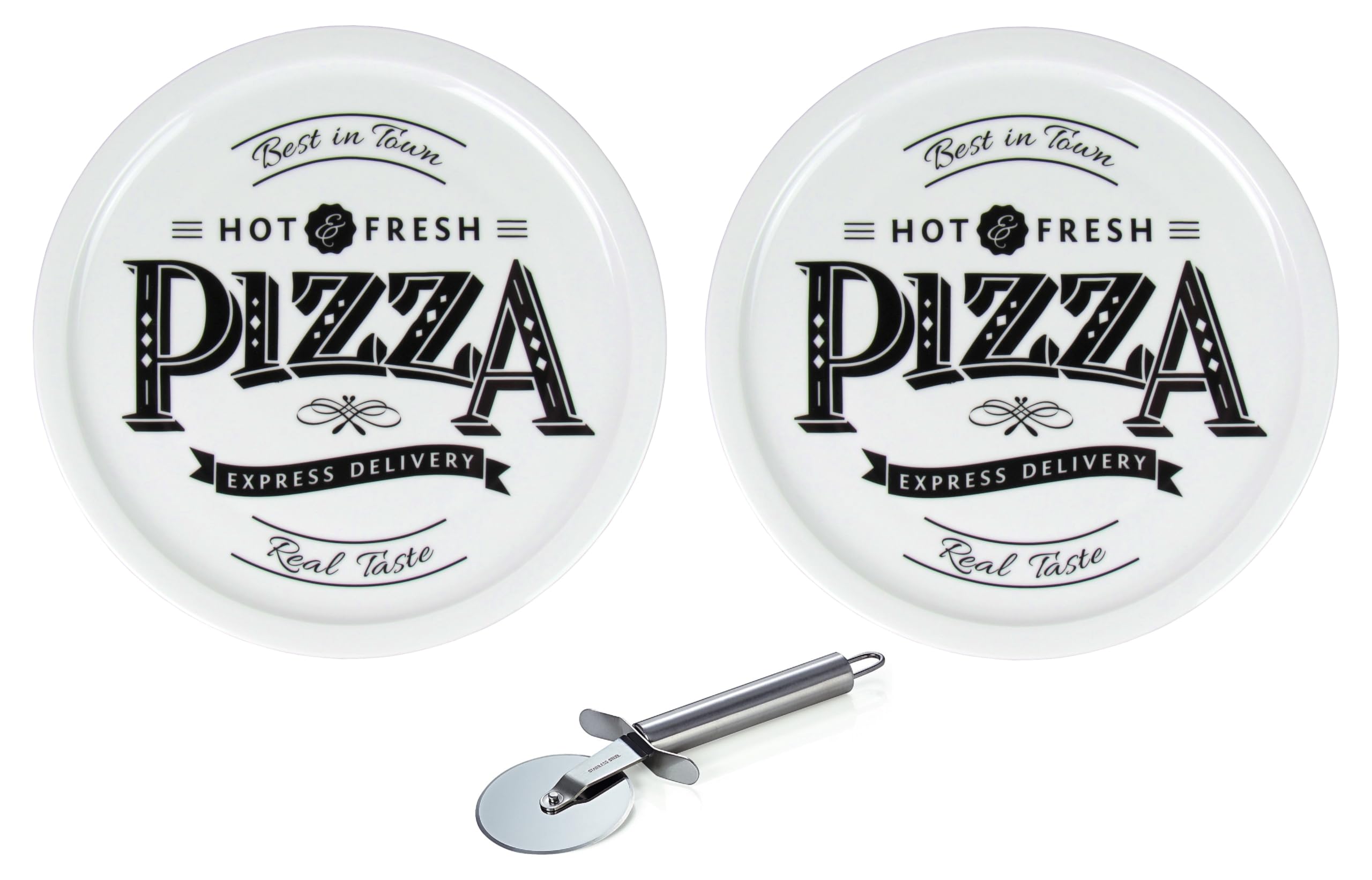 Lentz Pizzateller Ø 31cm aus Porzellan mit Retro Pizza Schriftzug - wahlweise inkl. Pizzaschneider (2er Set mit Pizzaschneider)