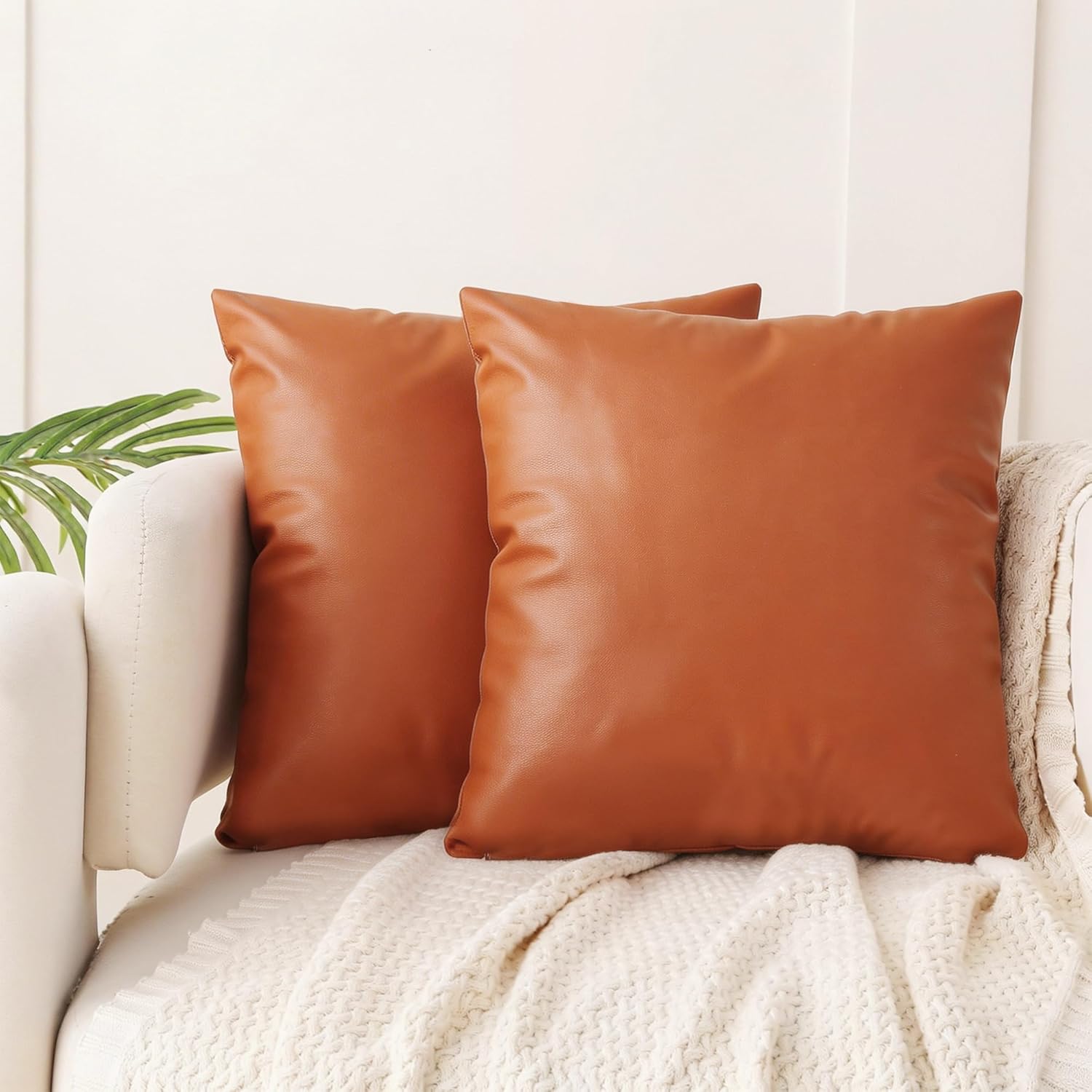 KUUP Waterproof Faux Leather Pillow Covers, 18 x 18inch Set of 2, Soft Modern Solid Outdoor Pillowcases for Couch Bed Sofa, Modern Farmhouse Home Décor