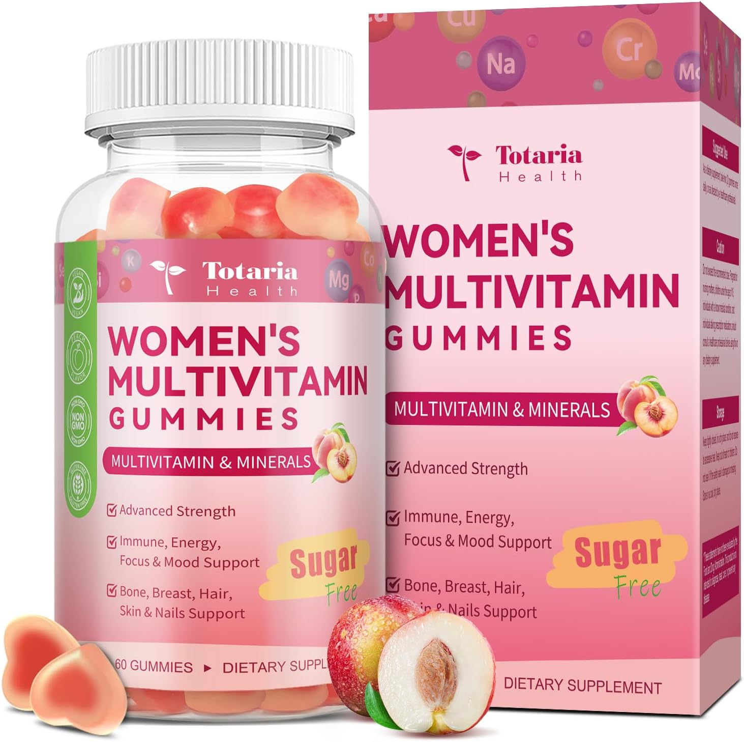Totaria Sugar Free Multivitamin Gummies for Women 14+ w/Iron, Inositol, Folate, Biotin, Womens Daily Multivitamin Gummy w/Vitamin A, C, B, D3, K2, for Hair, Skin, Energy, Immune, Peach Flavor