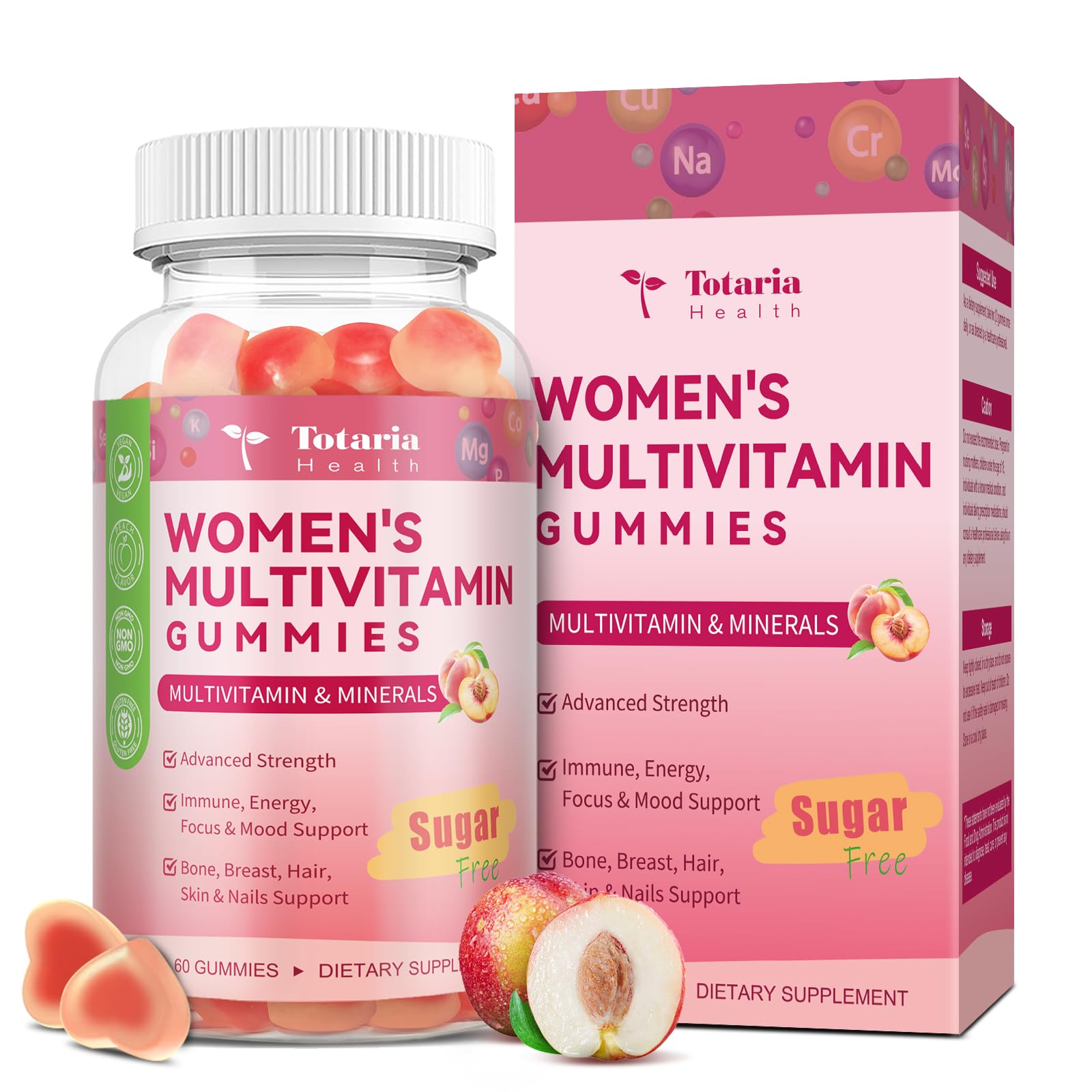 Totaria Sugar Free Multivitamin Gummies for Women 14+ w/Iron, Inositol, Folate, Biotin, Womens Daily Multivitamin Gummy w/Vitamin A, C, B, D3, K2, for Hair, Skin, Energy, Immune, Peach Flavor