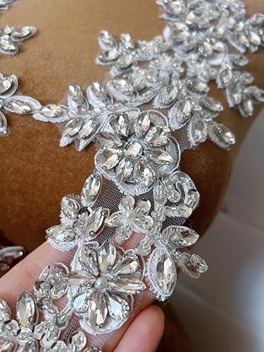 Miniatura 2 de 1 par de decoraciones de vestido de novia de 5.1 x 13.4 in, parches de encaje para coser con cuentas de diamantes de imitación sueltas, piedras para