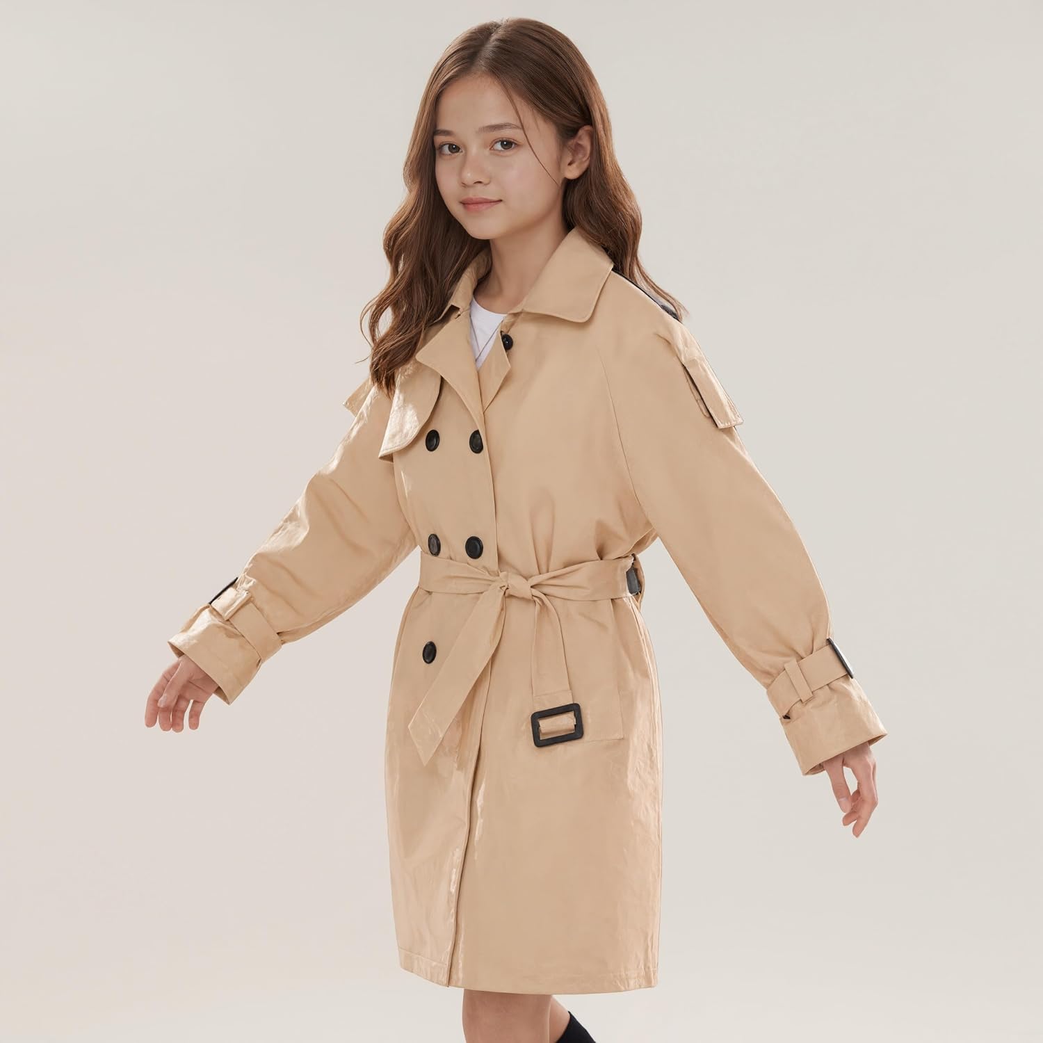 Girls' Khaki Cotton Trench Coat, Mid-Length Windproof Kids Jacket with Adjustable Belt, Sizes 120-170 (Ages 6-14)