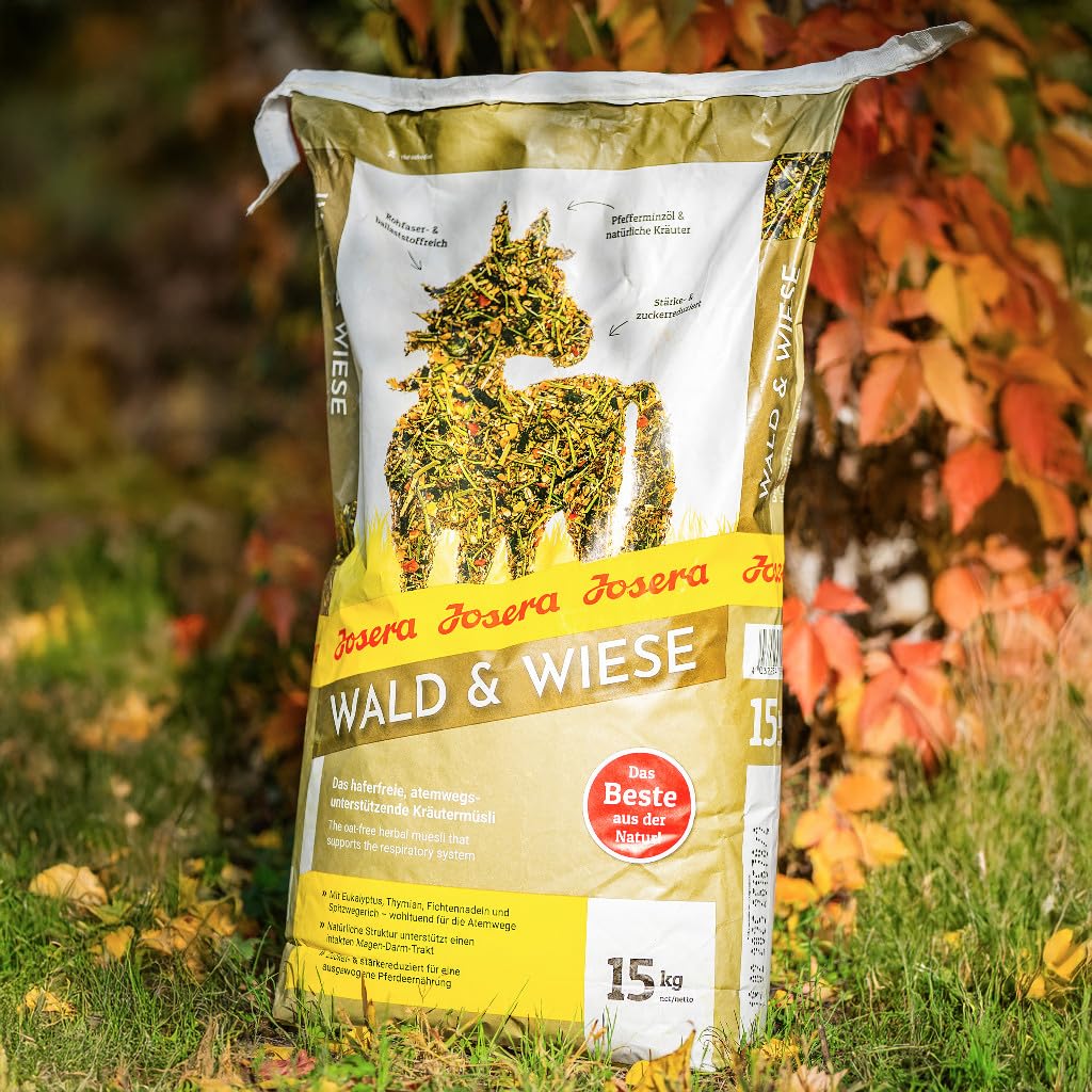 Josera Forest & Wiese, 1 x 15 kg, Comida para Caballos Premium: el Cereal de Hierbas Que Ayuda a Respirar, sin Avena, Reduce el almidón y el azúcar, 1 Unidad