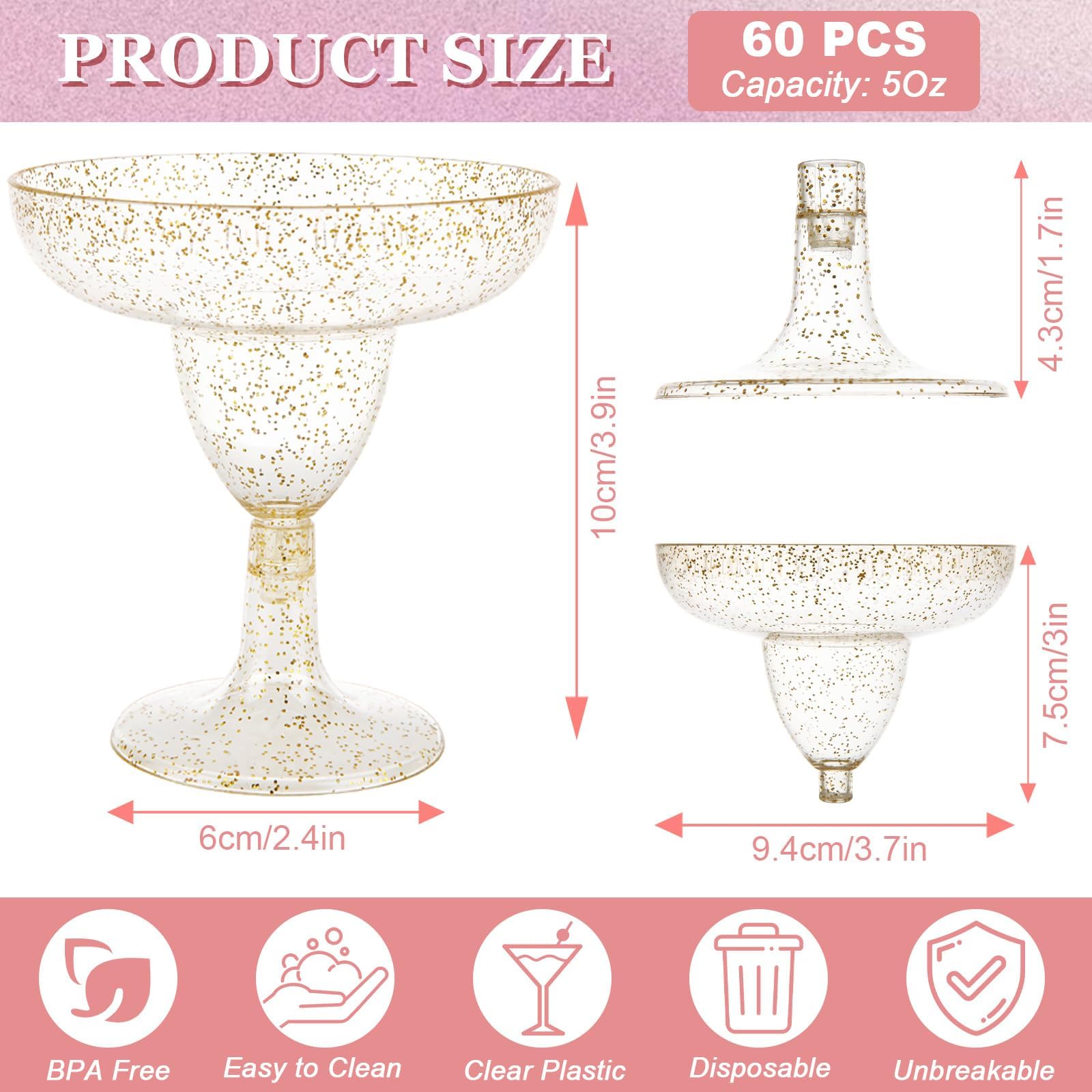 WOPPLXY 60 bicchieri da margarita in plastica, 141,7 g, bicchieri da cocktail in plastica con glitter dorati, bicchieri da Martini in plastica, bicchieri per margarita per matrimoni, addio al