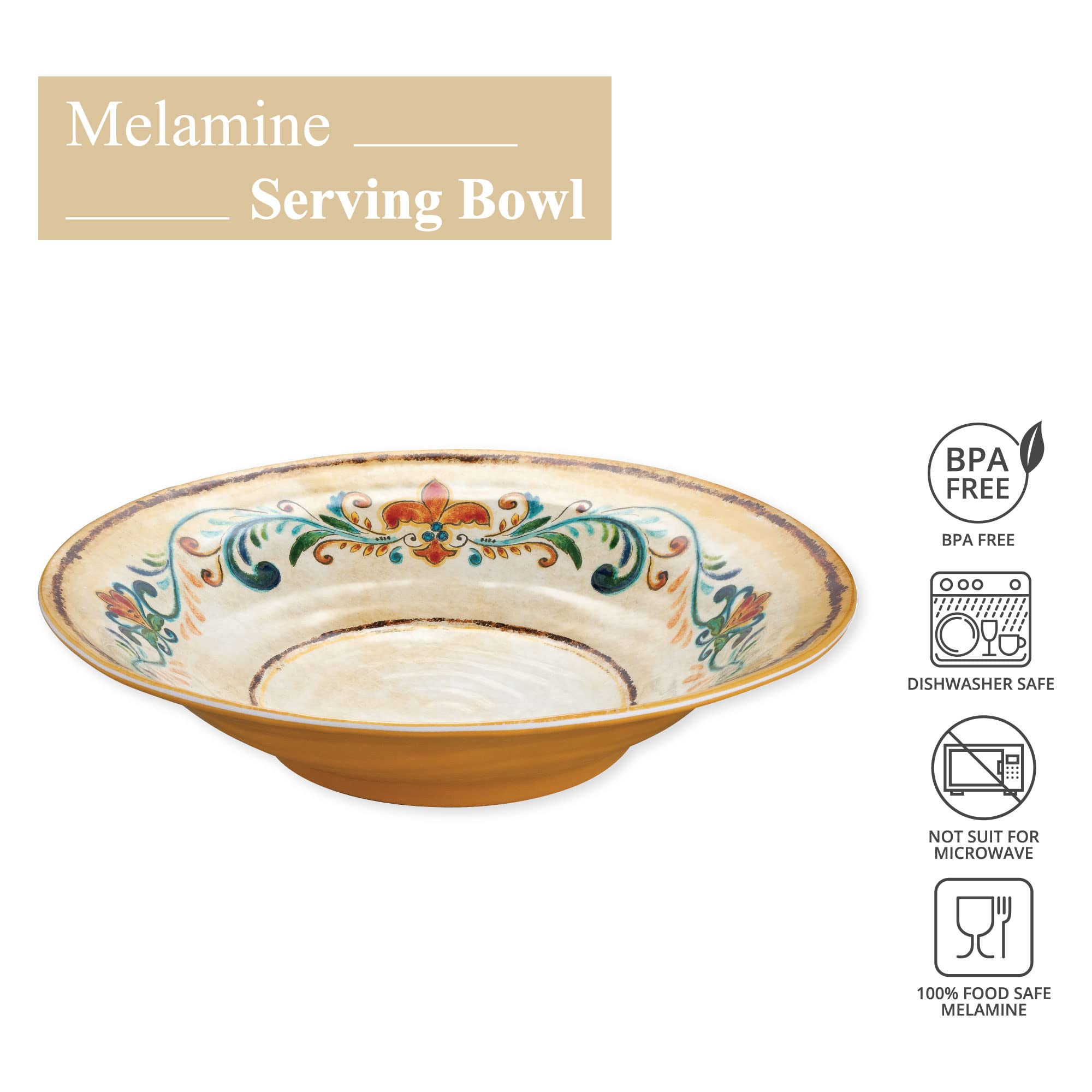 Supreme Housewares Tuscany Melamin-Servierschüssel, große Salatschüssel, italienisch inspiriertes Vintage-Blumenmuster, für Wurstwaren, Lebensmittel und Obst, mehrfarbig, 40,6 cm Durchmesser x 8,9 cm