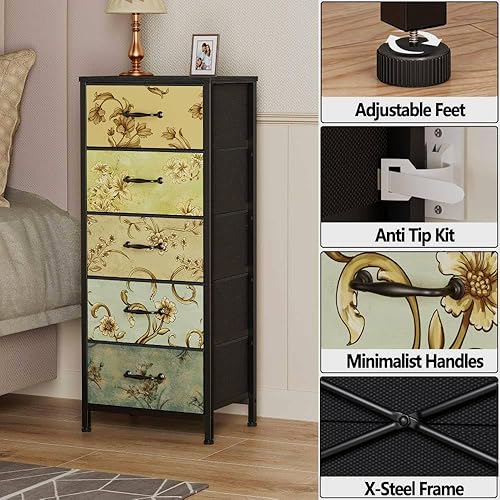 Miniatura 7 de Furnulem Cómoda vertical para dormitorio, torre de almacenamiento alta y delgada con 5 cajones de tela, cómoda para sala de estar, dormitorio,