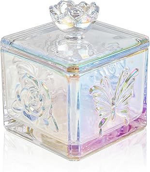 WHJY Cute Glass Candy Jar with Lid, Iridescent Colored Glass Candy Jar for Office Desk,Colorful Candy Dishes for Candy Buffet, Cookie Jar 4.5 Tall