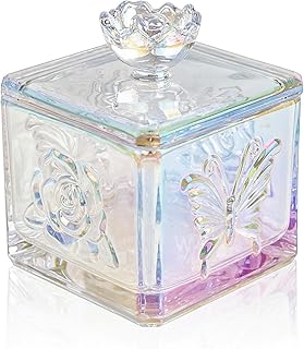 WHJY Cute Glass Candy Jar with Lid, Iridescent Colored Glass Candy Jar for Office Desk,Colorful Candy Dishes for Candy Buffet, Cookie Jar 4.5” Tall