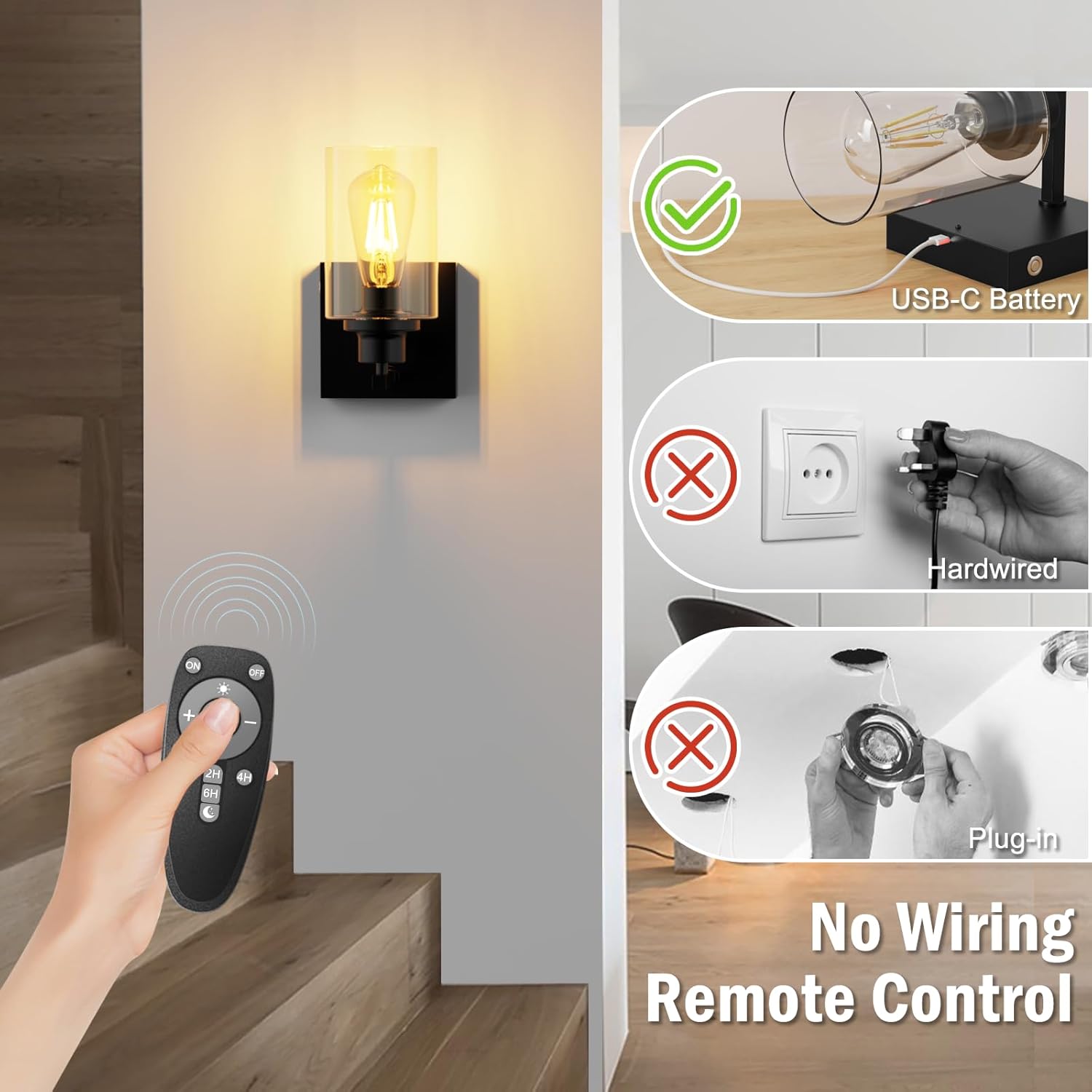 Battery Operated Wall Sconce Set of 2, Farmhouse Rechargeable Wall Sconce with Remote & Touch Dimmable, 8000mAh,Up/Down Mount Wireless Glass Wall Lights for Bedroom Living Room Bathroom Decor, Black