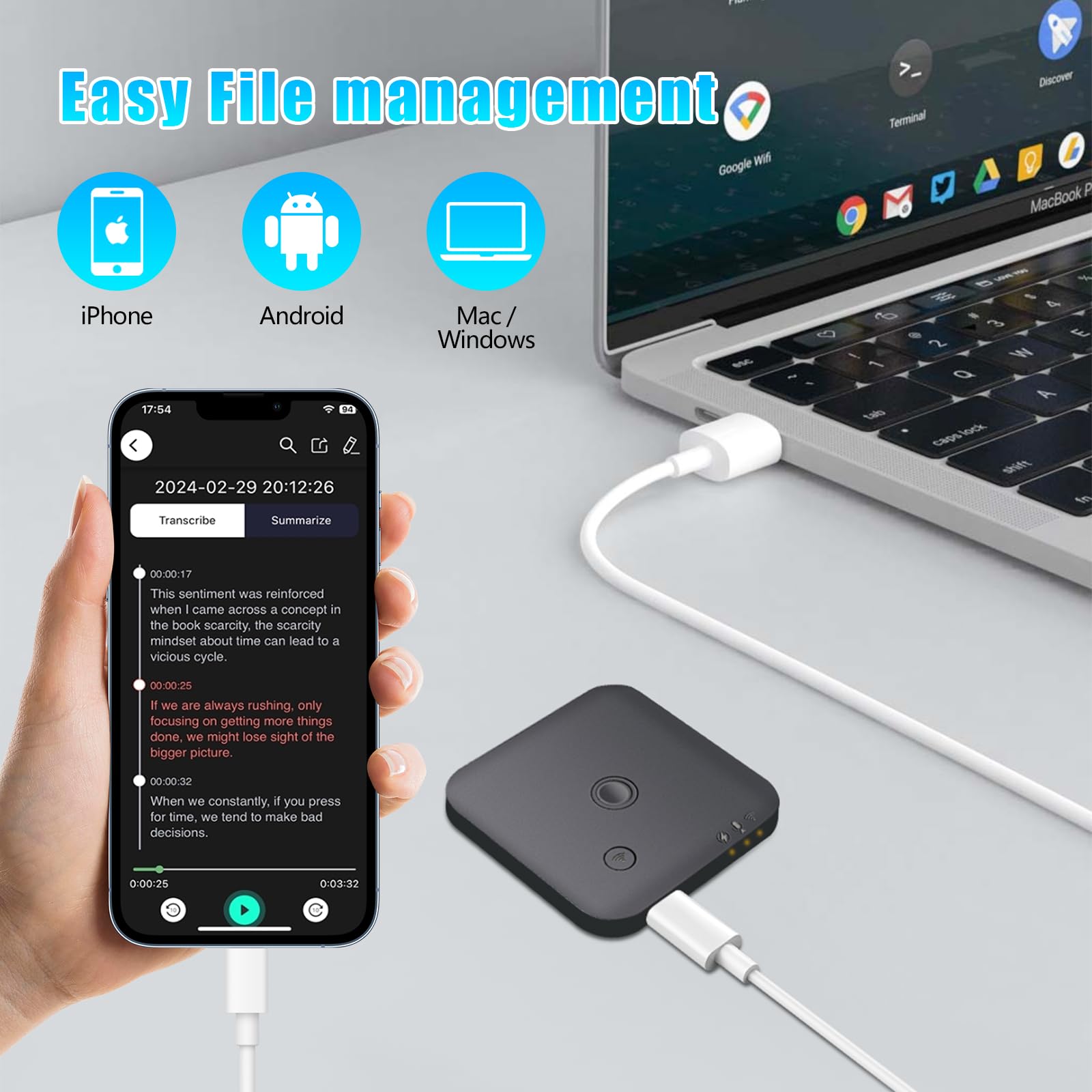 Grabadora de Voz AI 64GB - 1800 Minutos Gratis/Mes Transcripción y Resume Automática con ChatGPT 4o, Soporte para 102 Idiomas, Control por App, Ideal para Clases, Reuniones, Entrevistas y Llamadas