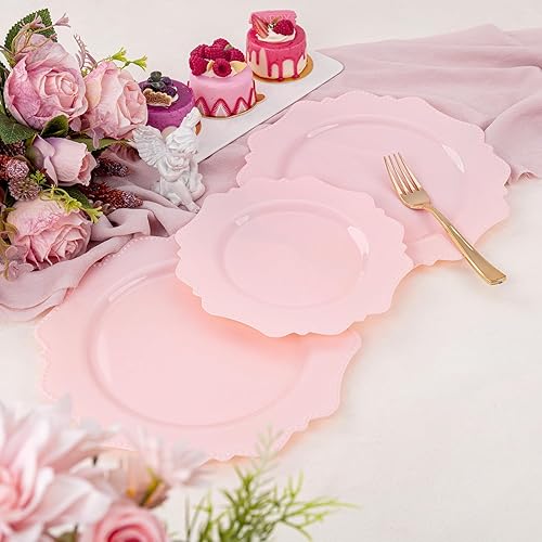 Miniatura 8 de COLOSUS Juego de platos desechables de plástico rosa para fiesta, paquete de 60 (30 invitados), platos para cena y ensaladapostre para primavera,