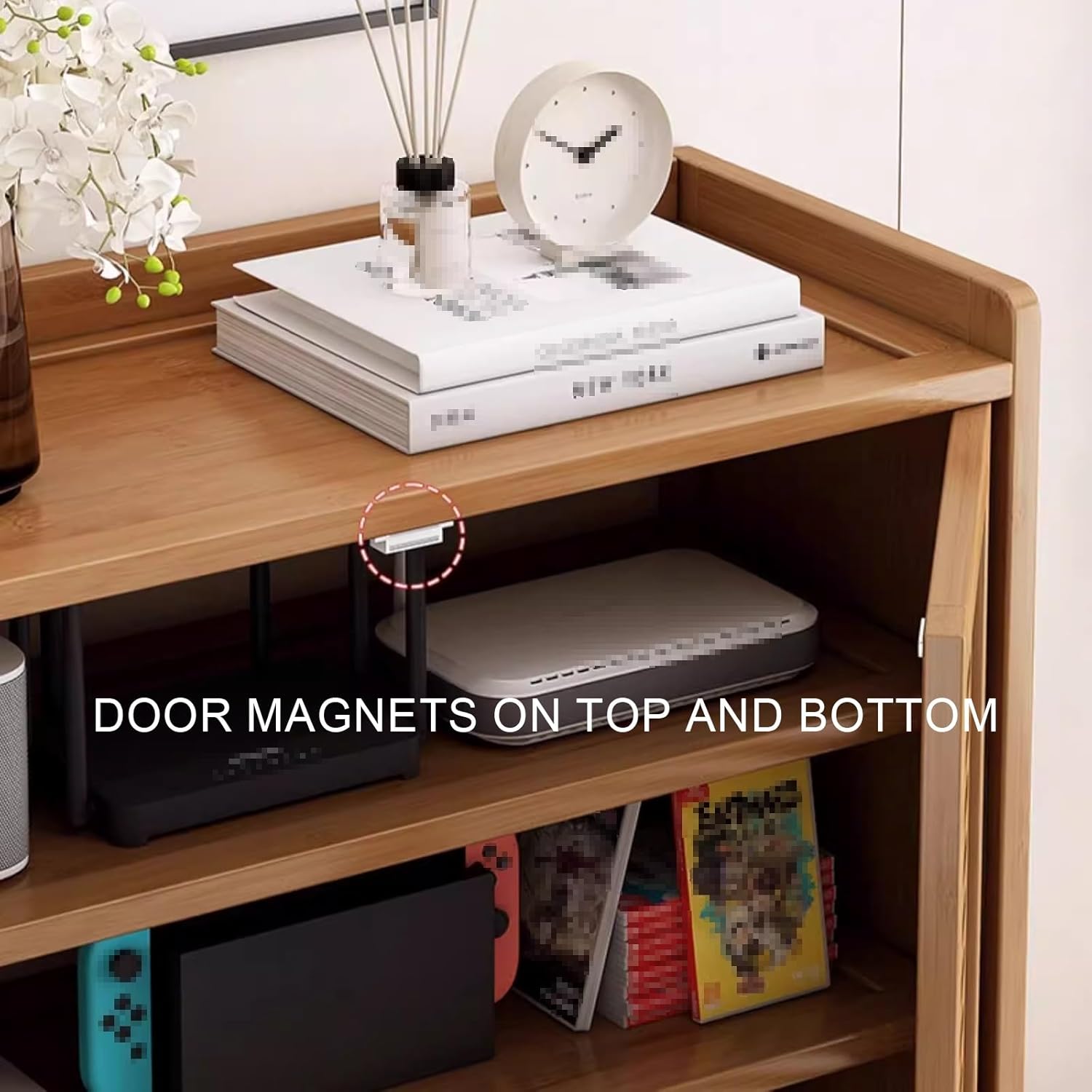 Adjustable Router Organizer Cabinet with Magnetic Doors, Thickened Bamboo Board, Home Use, Assembly Required, Black, 59x25x82cm - Perfect for Cable Management and Storage.