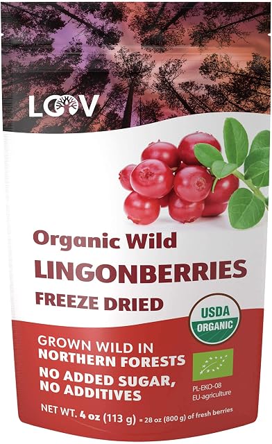 LOOV Freeze Dried Organic Wild Lingonberries, No Sugar Added, 100% Dried Whole Fruit Lingonberries, Wild-Crafted from Northern European Forests, 113 g, 23-Day Supply, Raw, Non-GMO