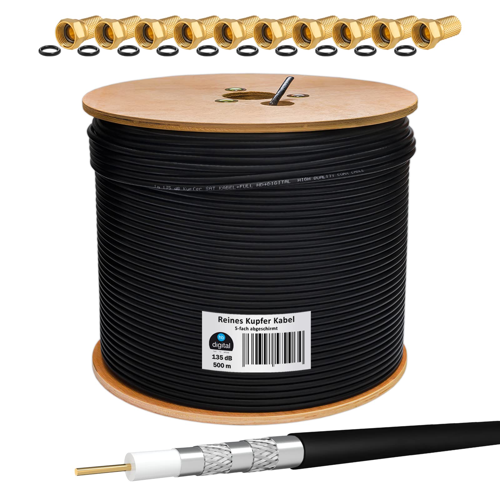 hb-digital 135dB 500m Cable coaxial SAT Pure KU 5 veces apantallado Negro para sistemas DVB-S/S2 DVB-C y DVB-T BK + 100 conectores F chapados en oro con anillo de goma Gratis