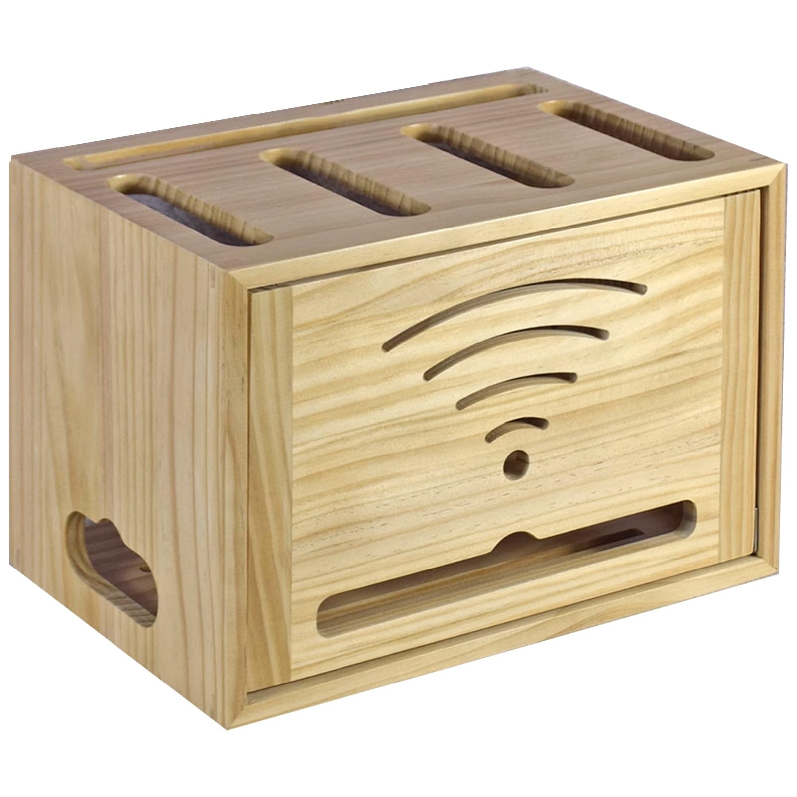 Boîte routeur WiFi en bois avec cache-câbles pour optimiser l'espace du salon