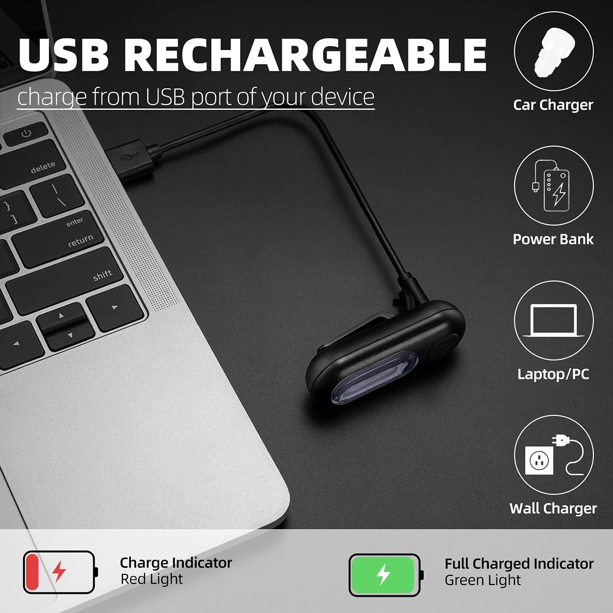 A ROCKBROS bike tail light connected to a laptop via a USB cable, with icons showing other charging options like car charger, power bank, and wall charger. Indicators for red (charging) and green (full charge) lights are also shown.