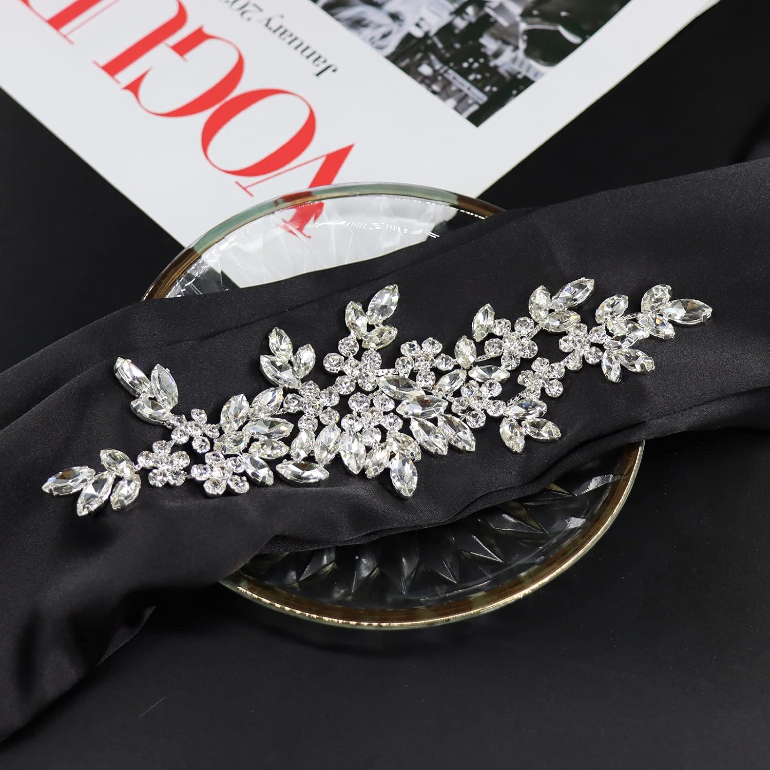 Jerler Rhinestone Applique, Elegant Silver Crystal Rhinestone Belt Sewing on Wedding Dress Bridal Belt, for Wedding Decoration and Bridal Embellishments