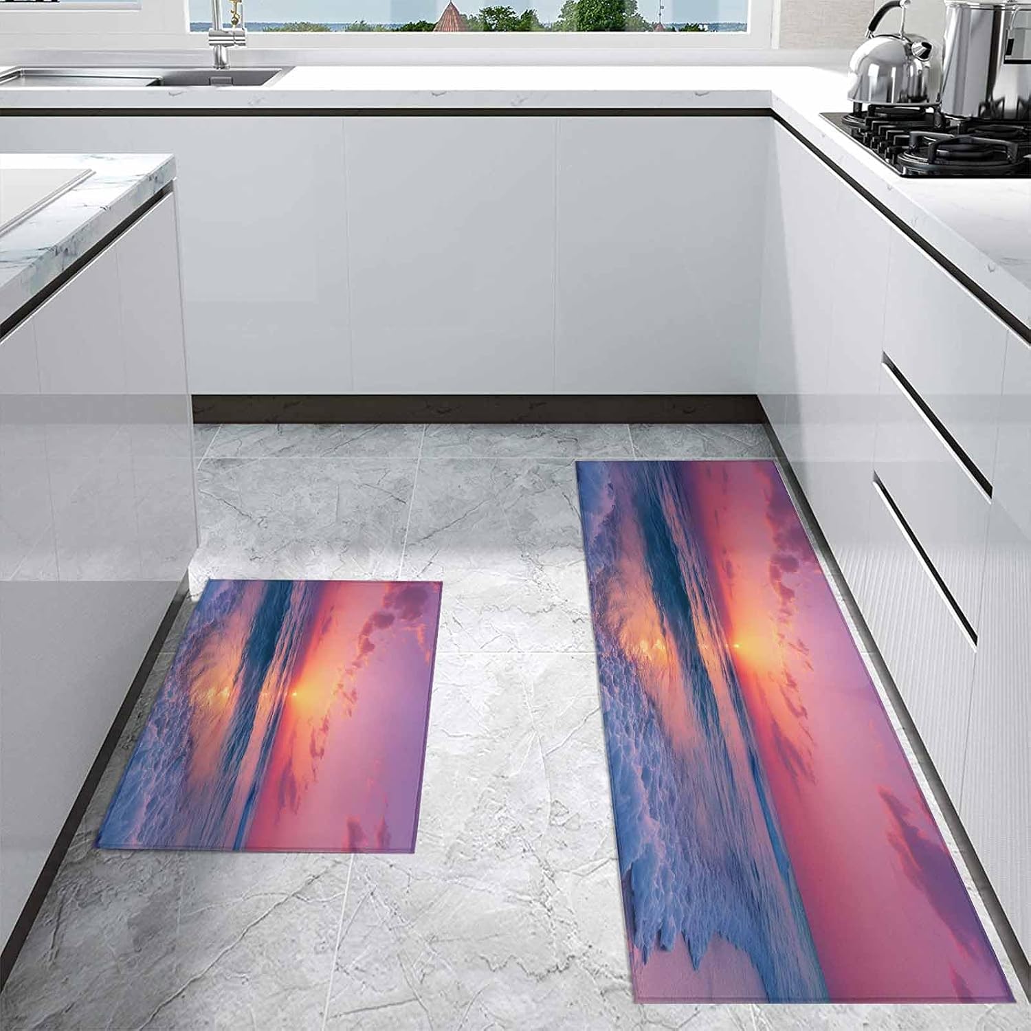 Kitchen Mats for Floor Summer Ocean Wave Seaside Washable Non Slip Kitchen Rugs 2PCS, Beach Natural Sunset Scenery Absorbent Standing Mats for Sink Bathroom Office Living Room 15.7x23.6in+15.7x47.2in