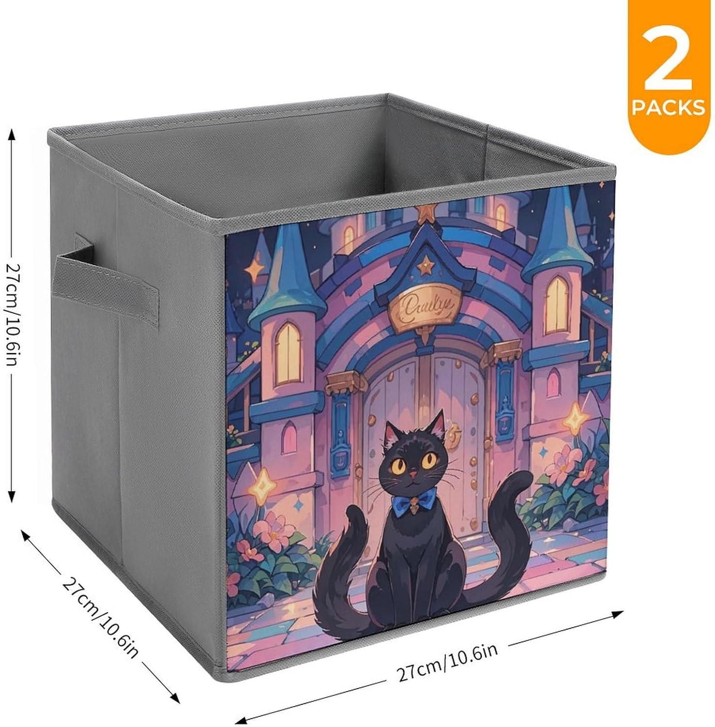 Cat And Magic Castle Gate Foldable Storage Box with Handles, Durable Oxford Storage Cubes, 2PCS Collapsible Closet Organizer for Home, Shelf, Office, Travel