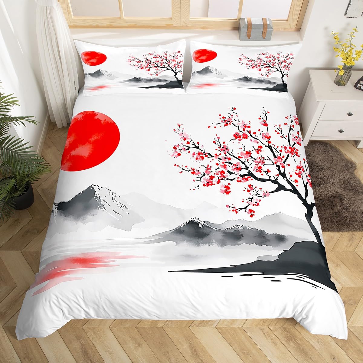 Loussiesd Japanese Cherry Blossom Bedding Mountain Printed Duvet Cover Double Watercolor Watercolor Ink Painting Bed Cover Sun Plum Blossom Printed Red Bedding