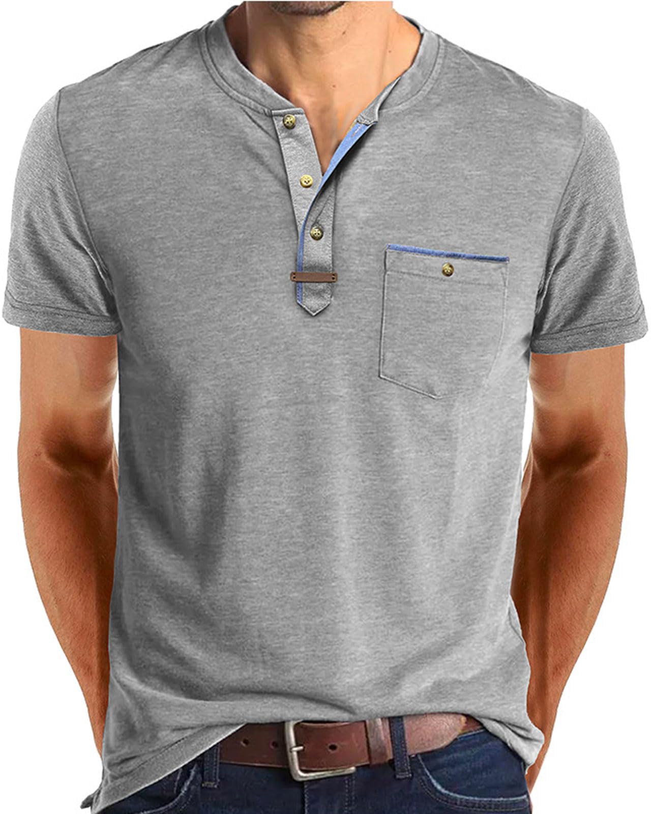 Mens Henley Shirts Short Sleeve Athletic Lightweight Tee Shirts with Pocket | 3 Button Placket,Chest Pocket,Wrinkle Resistant,Breathable,Casual,