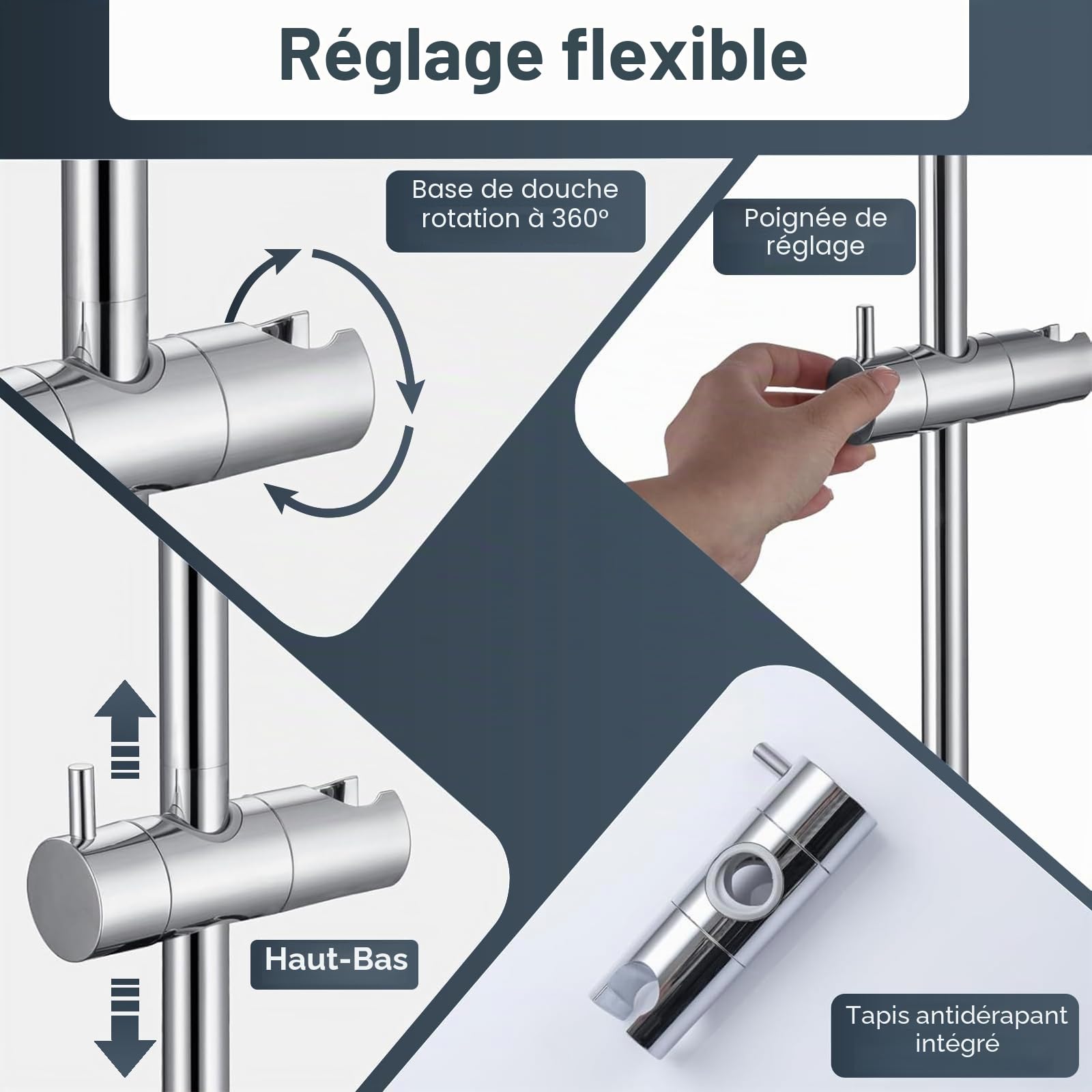 Mitigeur Thermostatique DETBOM pour Douche avec Sécurité Anti-brûlure 38 °C, Barre inox 70 cm, Pomme 3 Jets, Flexible 1,5 m et Support Réglable – Ensemble Complet Chrome