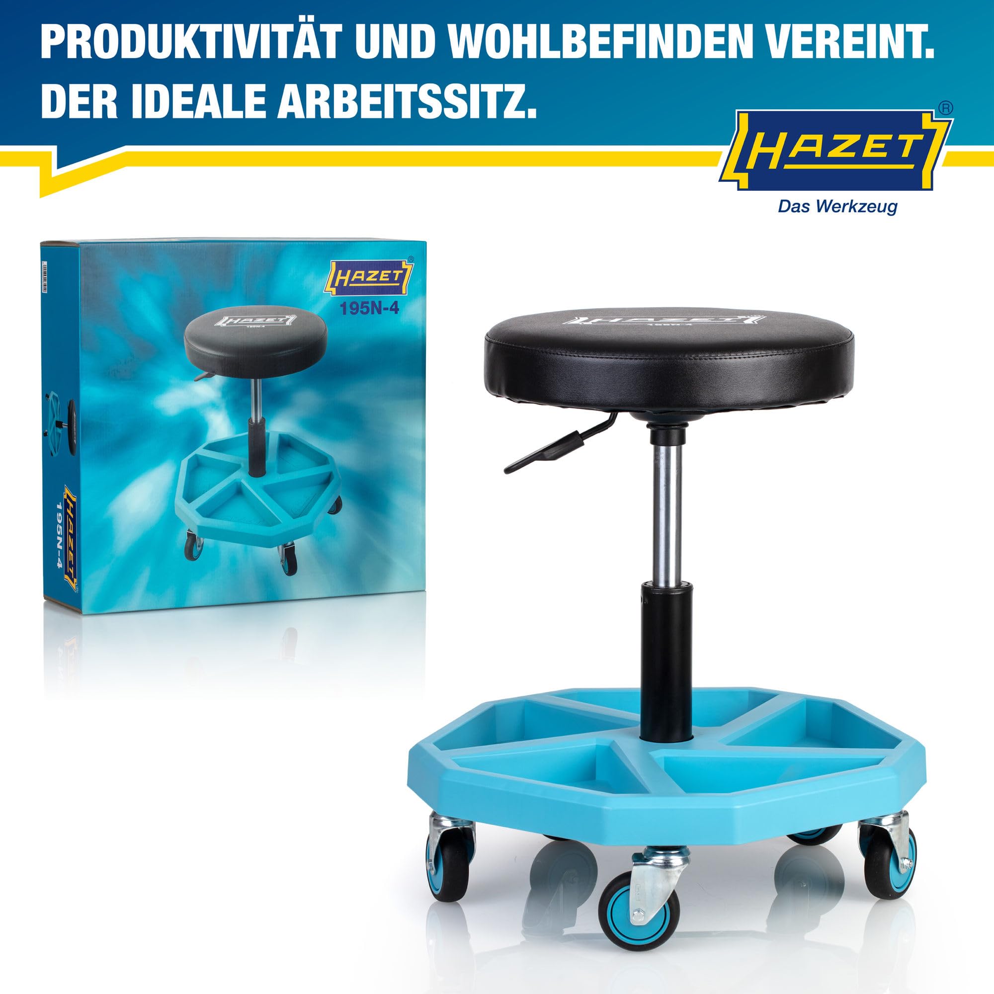 HAZET Arbeitssitz 195N-4, stabile Vierkant-Rohrrahmenkonstruktion, 5 Leichtlaufrollen 75 mm, höhenverstellbar 430-550 mm, belastbar bis 150 kg, großes Sitzkissen 350 mm