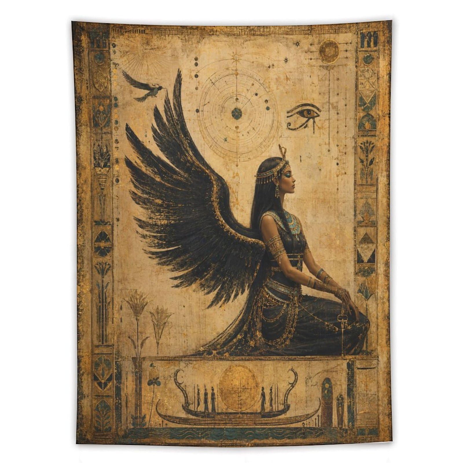 W7C8U2X3 Egyptian Winged Goddess Papyrus Wall Tapestry, Entryway