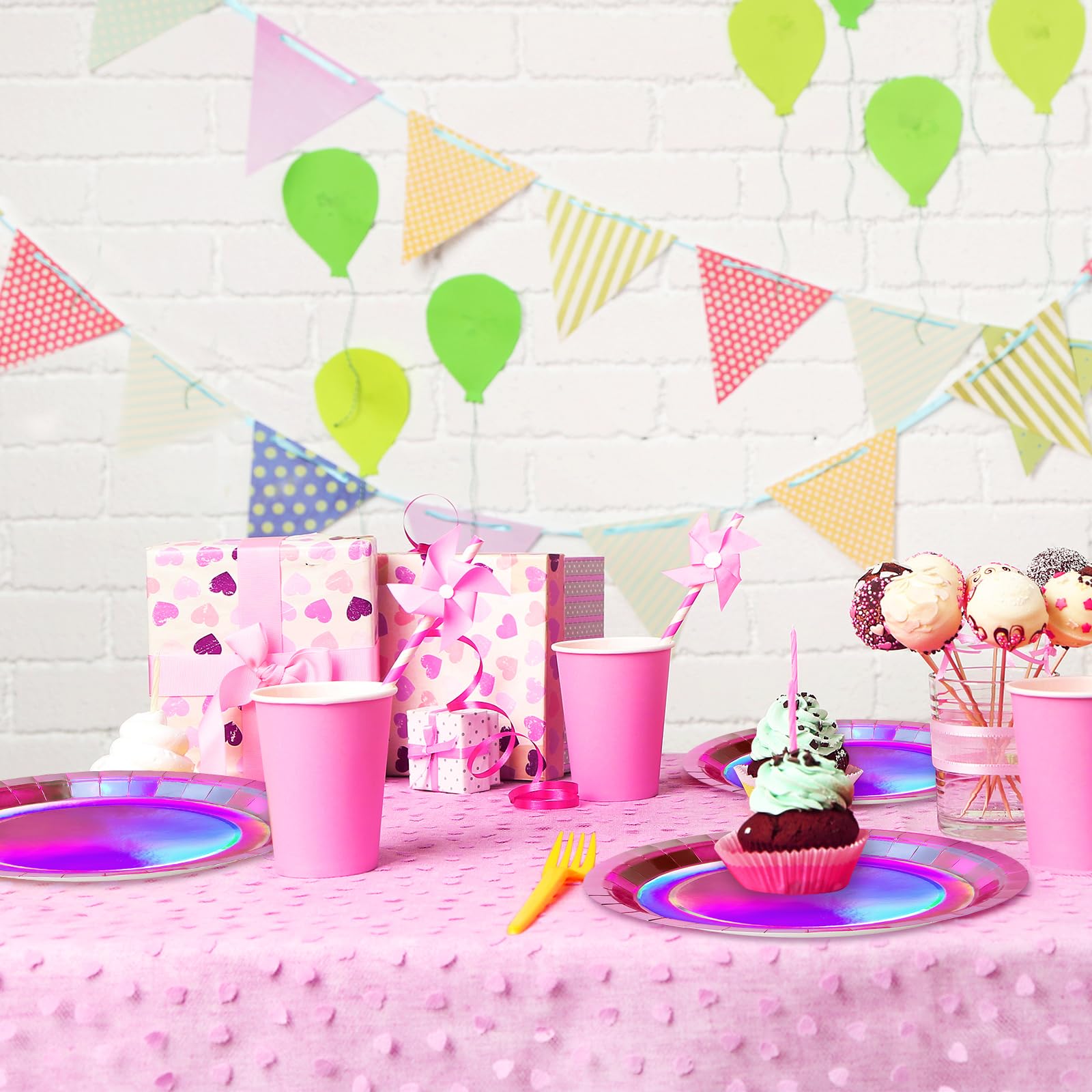 JarThenaAMCS 50 platos de papel rosa iridiscente holográficos desechables de color rosa intenso de 9 pulgadas, platos redondos de postre para discoteca, despedida de soltera, fiesta de cumpleaños