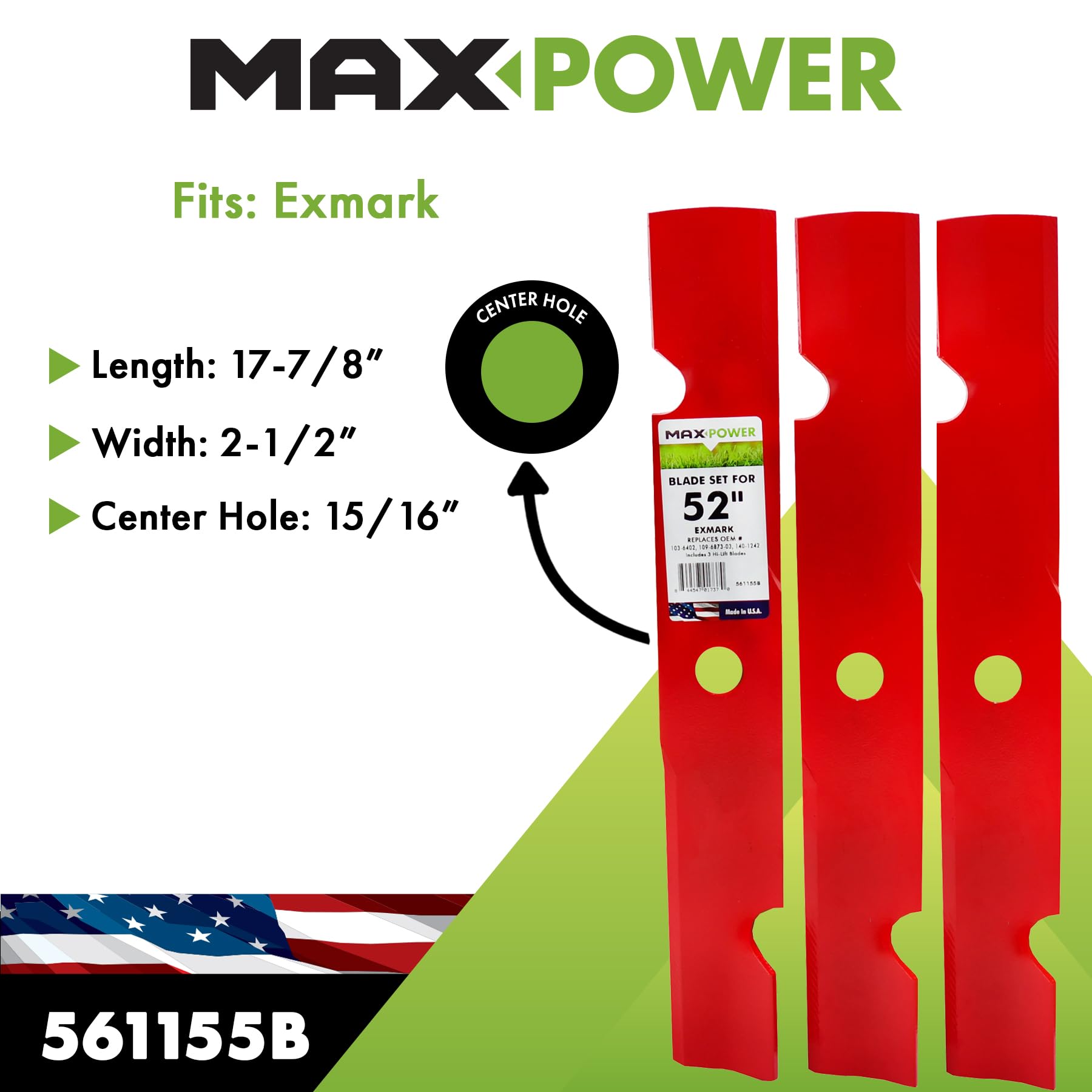 MAXPOWER 561155B - Juego de 3 Cuchillas de Alta elevación para cortacéspedes ExMark y Toro, sustituye a los números OEM 109-6873-03, 140-1242