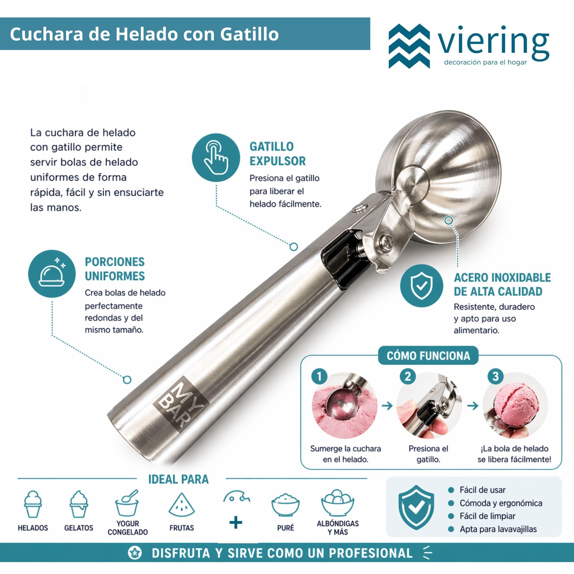 Cuchara de Helado con Gatillo – Acero Inoxidable 18/10, 18 cm, Bola 4,9 cm – Sacabolas para Helado, Melón, Albóndigas y Masa – Mango Ergonómico, Antiadherente y Apta Lavavajillas