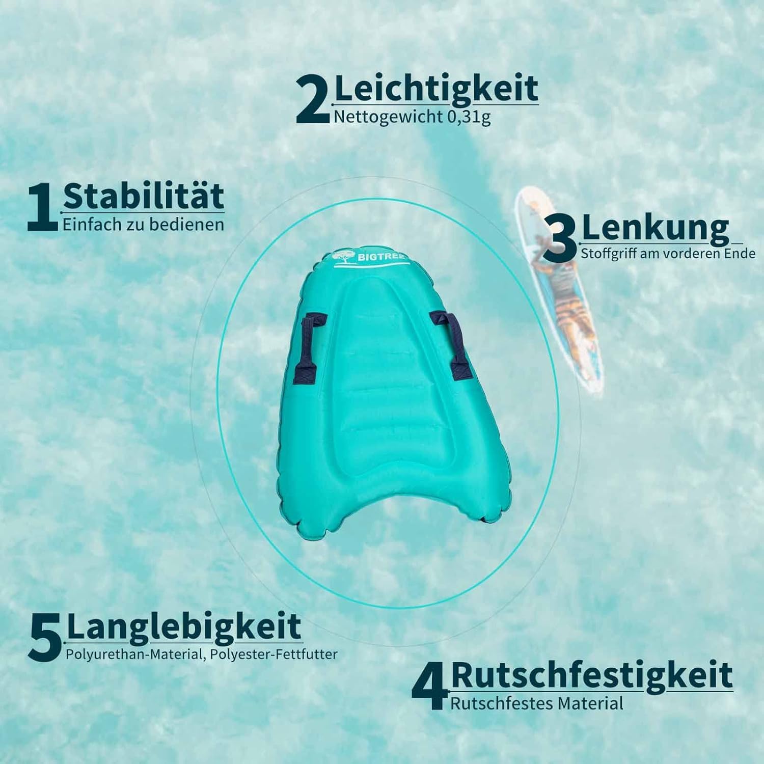BIGTREE Bodyboard Planche de surf gonflable légère et portable avec poignées, bodyboards souples pour la natation, tapis d'apprentissage, convient pour plusieurs scénarios