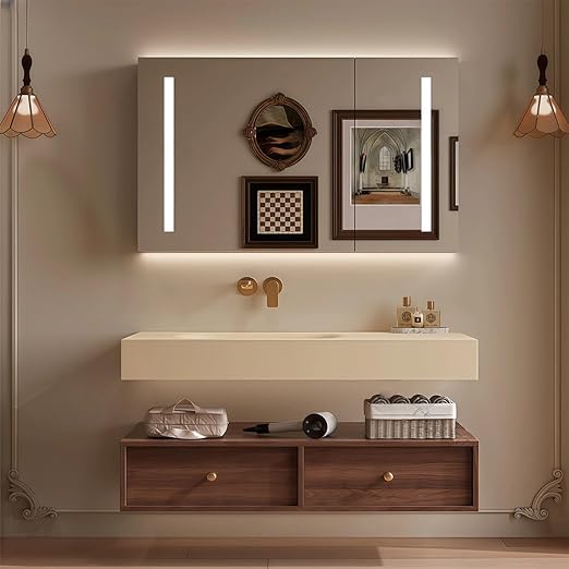 Modern Wall Mounted Floating Bathroom Vanity with Integrated Ceramic Sink, No Assembly Required, Hanging LED Intelligent Lighted Sensor and Demisting Mirror, Cabinet Spaces, 3 Soft Close Drawers