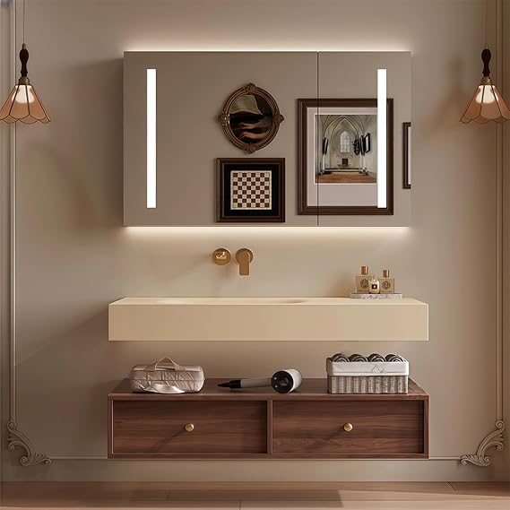 Modern Wall Mounted Floating Bathroom Vanity with Integrated Ceramic Sink, No Assembly Required, Hanging LED Intelligent Lighted Sensor and Demisting Mirror, Cabinet Spaces, 3 Soft Close Drawers