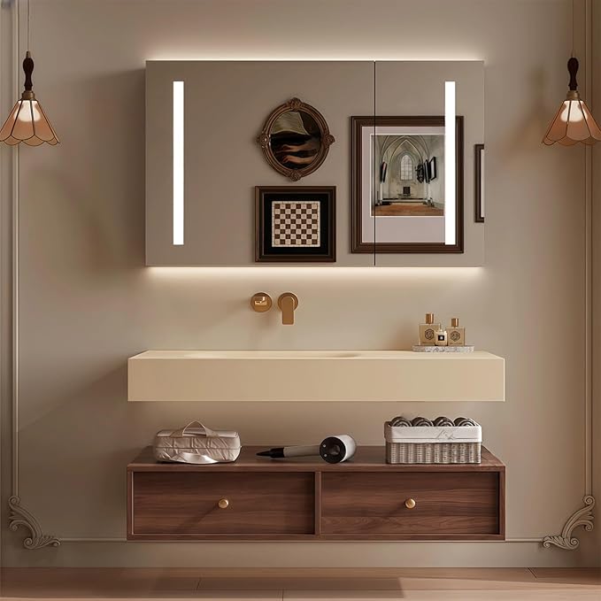 Modern Wall Mounted Floating Bathroom Vanity with Integrated Ceramic Sink, No Assembly Required, Hanging LED Intelligent Lighted Sensor and Demisting Mirror, Cabinet Spaces, 3 Soft Close Drawers